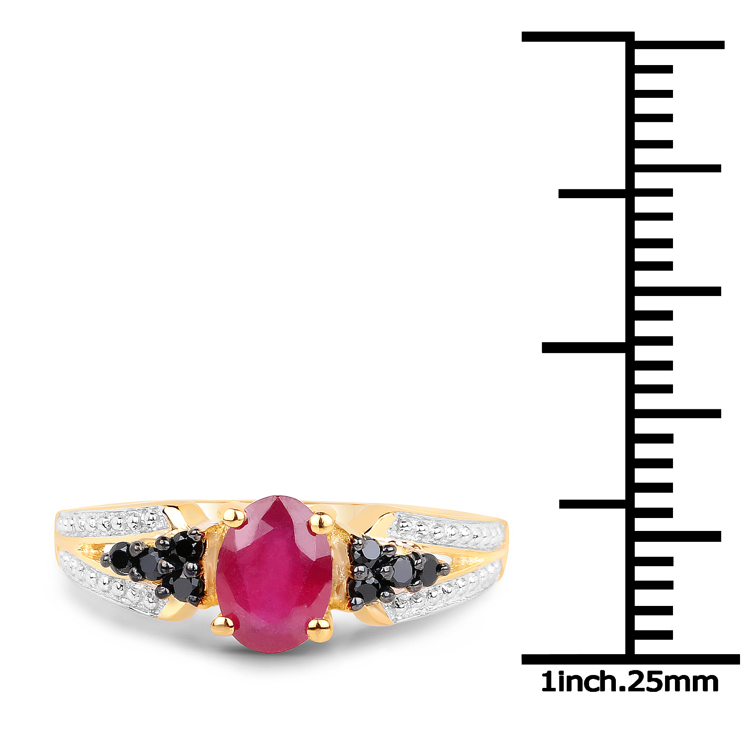 14K Yellow Gold Plated 1.24 Carat Glass Filled Ruby and Black Spinel .925 Sterling Silver Ring