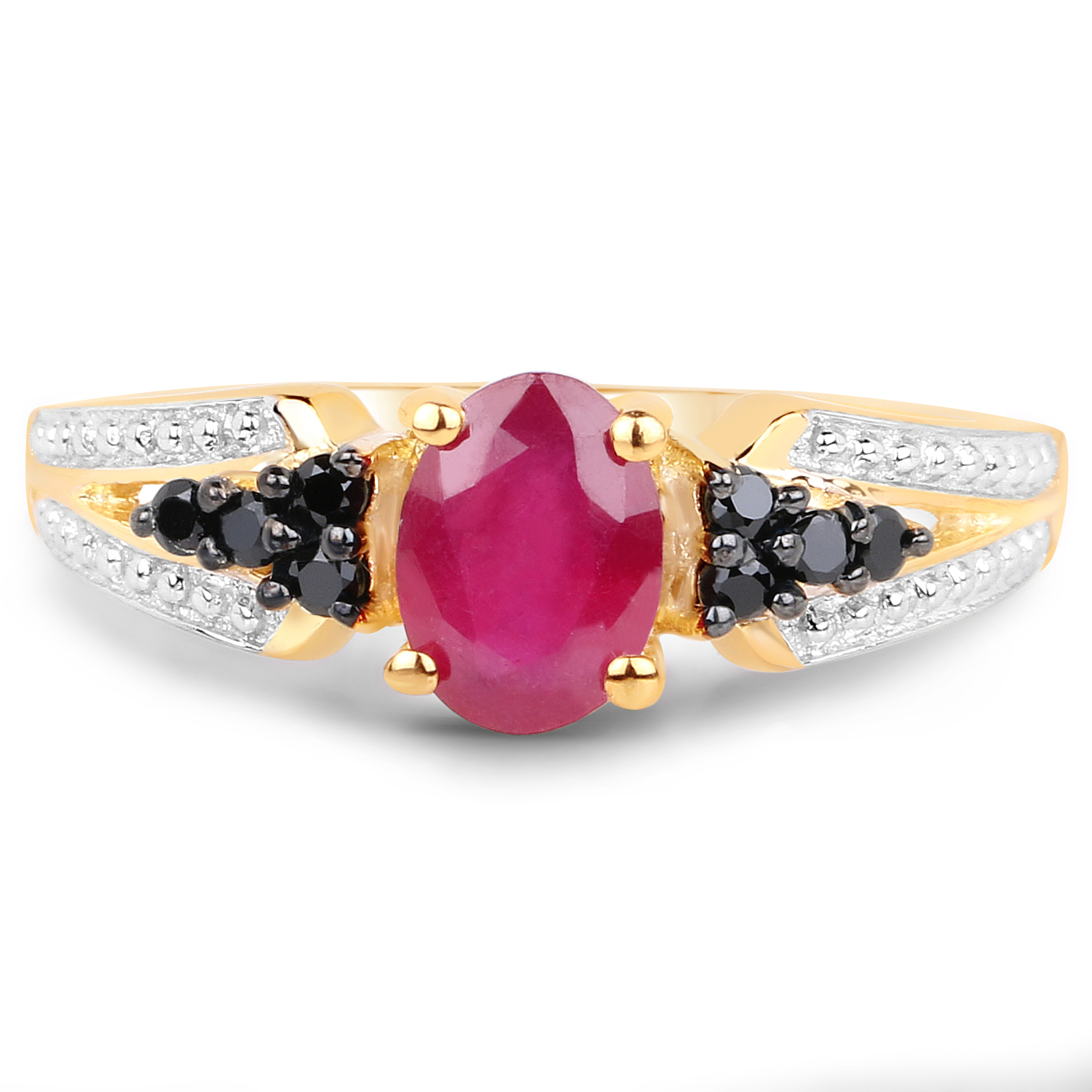 14K Yellow Gold Plated 1.24 Carat Glass Filled Ruby and Black Spinel .925 Sterling Silver Ring