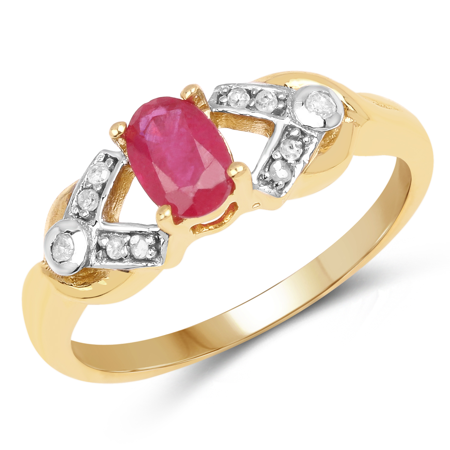 14K Yellow Gold Plated 0.58 Carat Genuine Ruby and White Diamond .925 Sterling Silver Ring