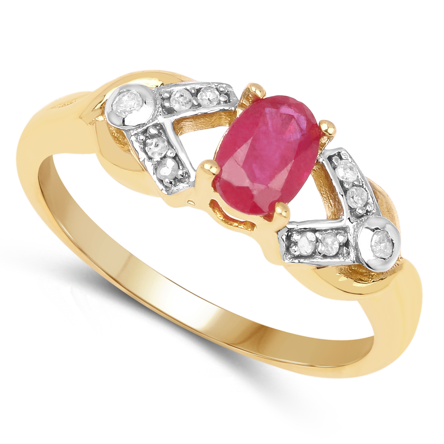 14K Yellow Gold Plated 0.58 Carat Genuine Ruby and White Diamond .925 Sterling Silver Ring