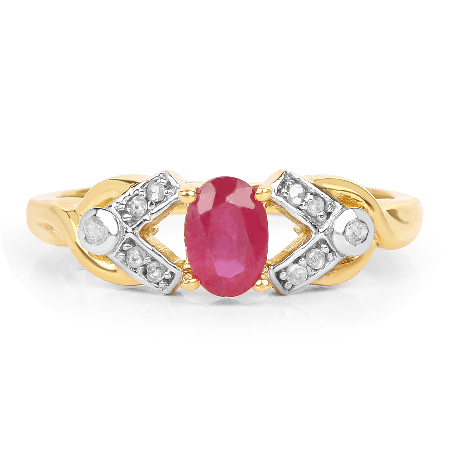 14K Yellow Gold Plated 0.58 Carat Genuine Ruby and White Diamond .925 Sterling Silver Ring