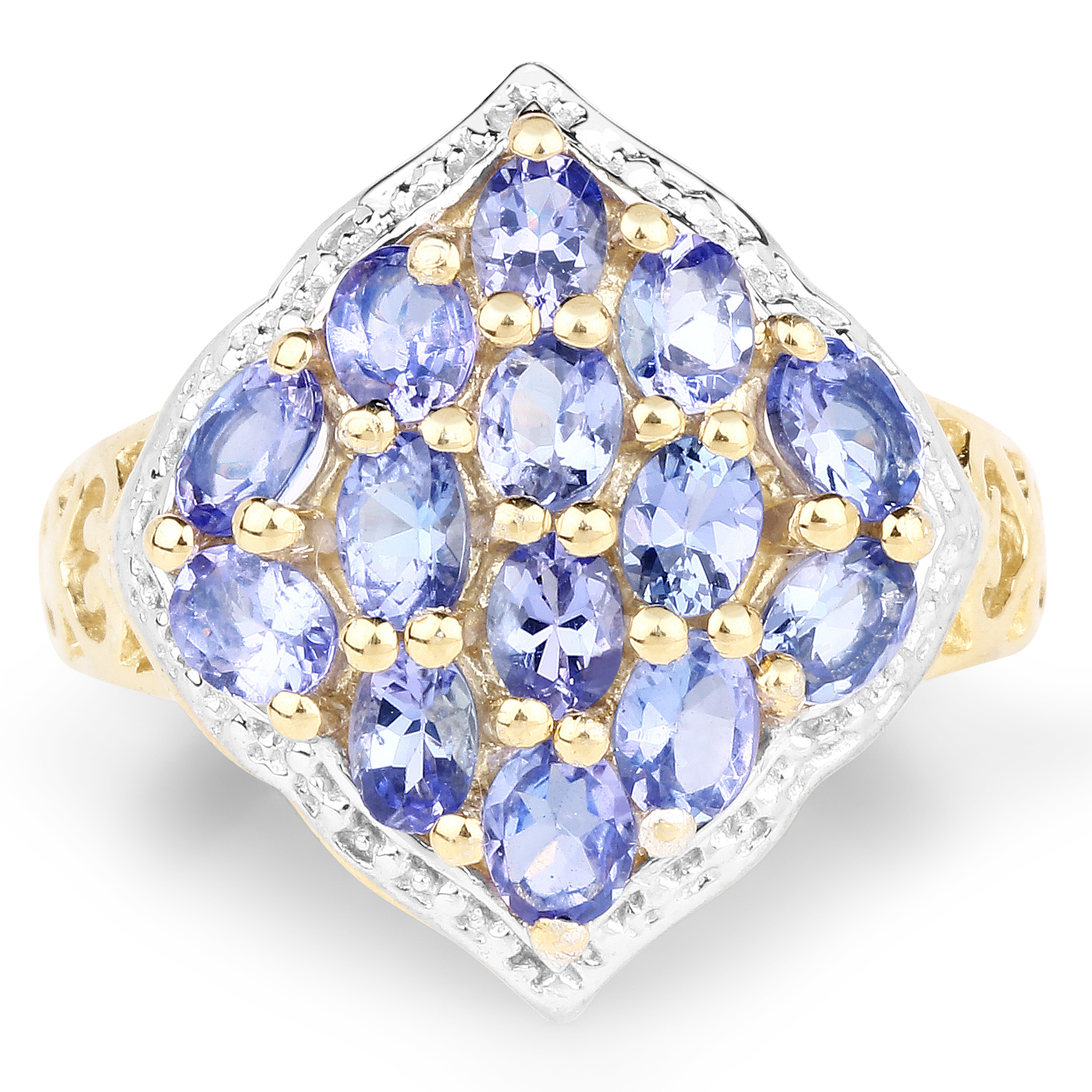 14K Yellow Gold Plated 2.38 Carat Genuine Tanzanite .925 Sterling Silver Ring