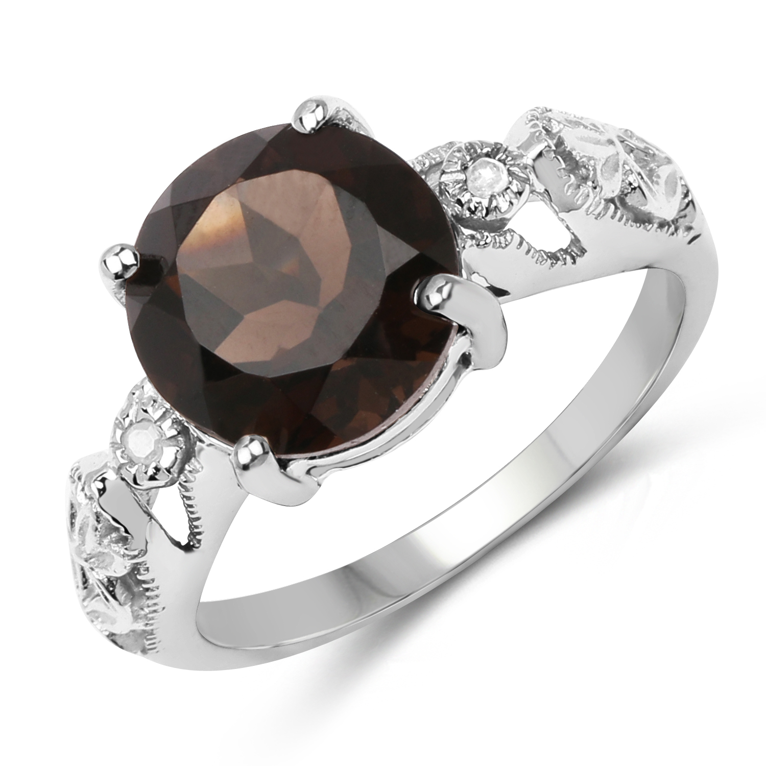 3.12 Carat Genuine Smoky Quartz and White Diamond .925 Sterling Silver Ring