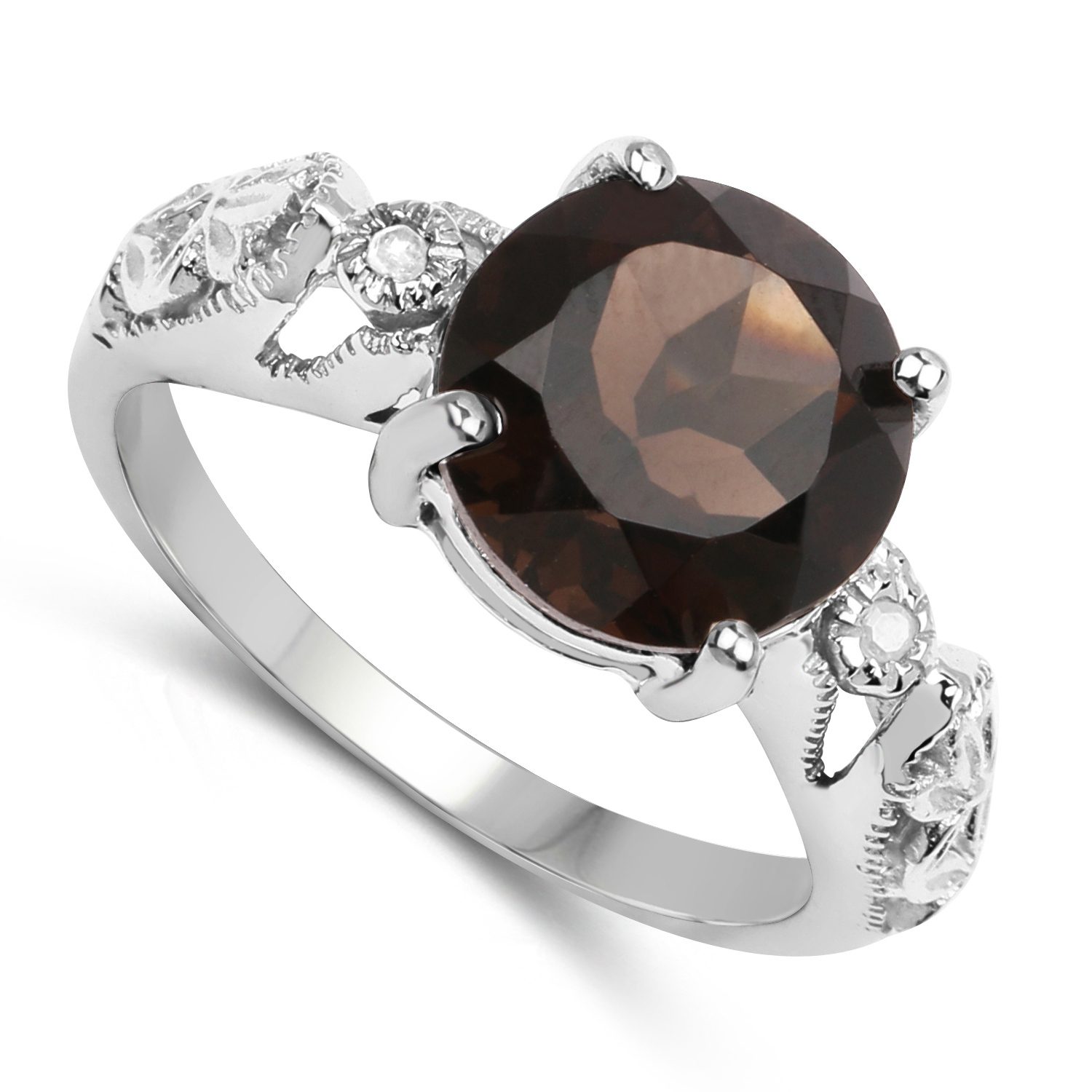 3.12 Carat Genuine Smoky Quartz and White Diamond .925 Sterling Silver Ring