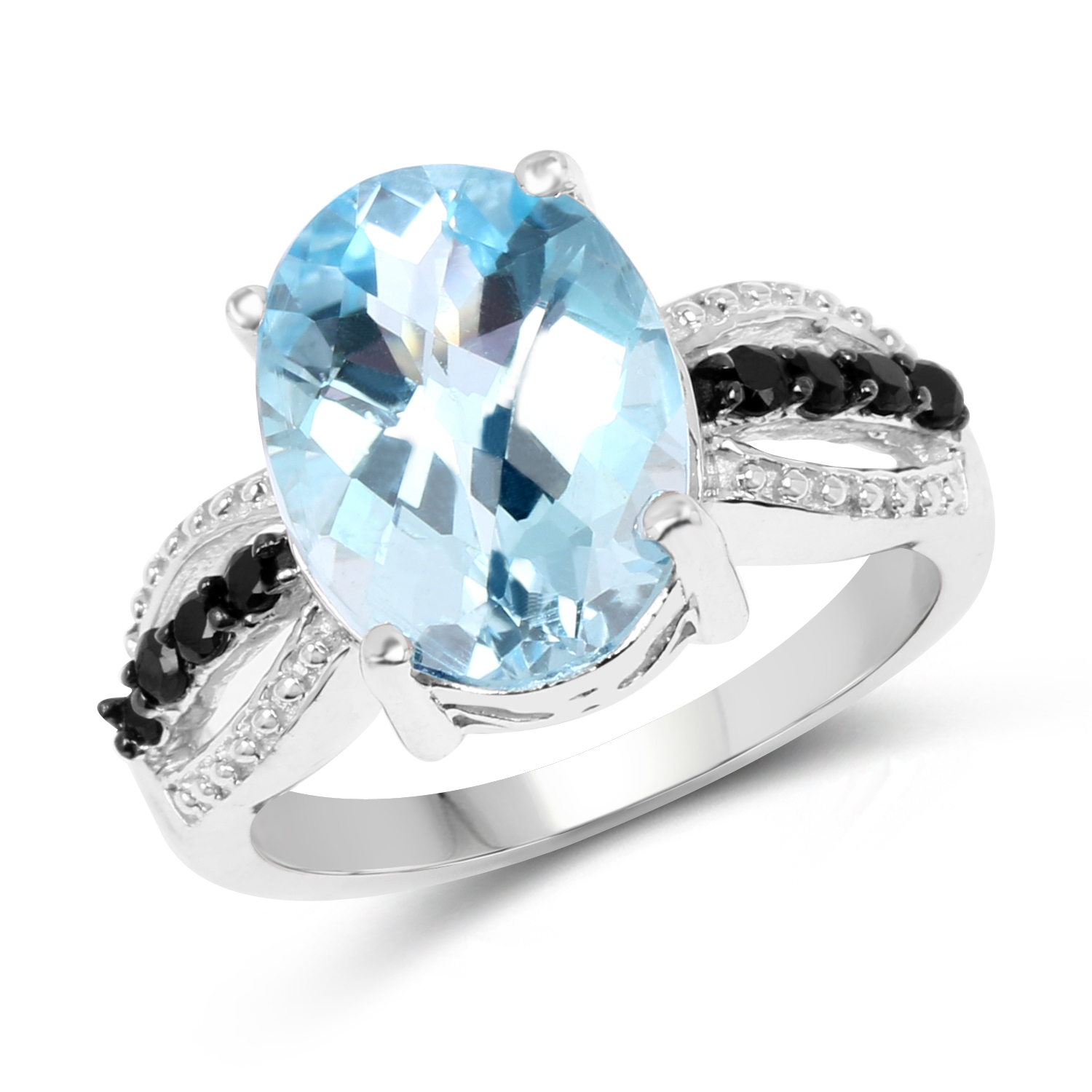 6.73 Carat Genuine Blue Topaz & Black Spinel .925 Sterling Silver Ring