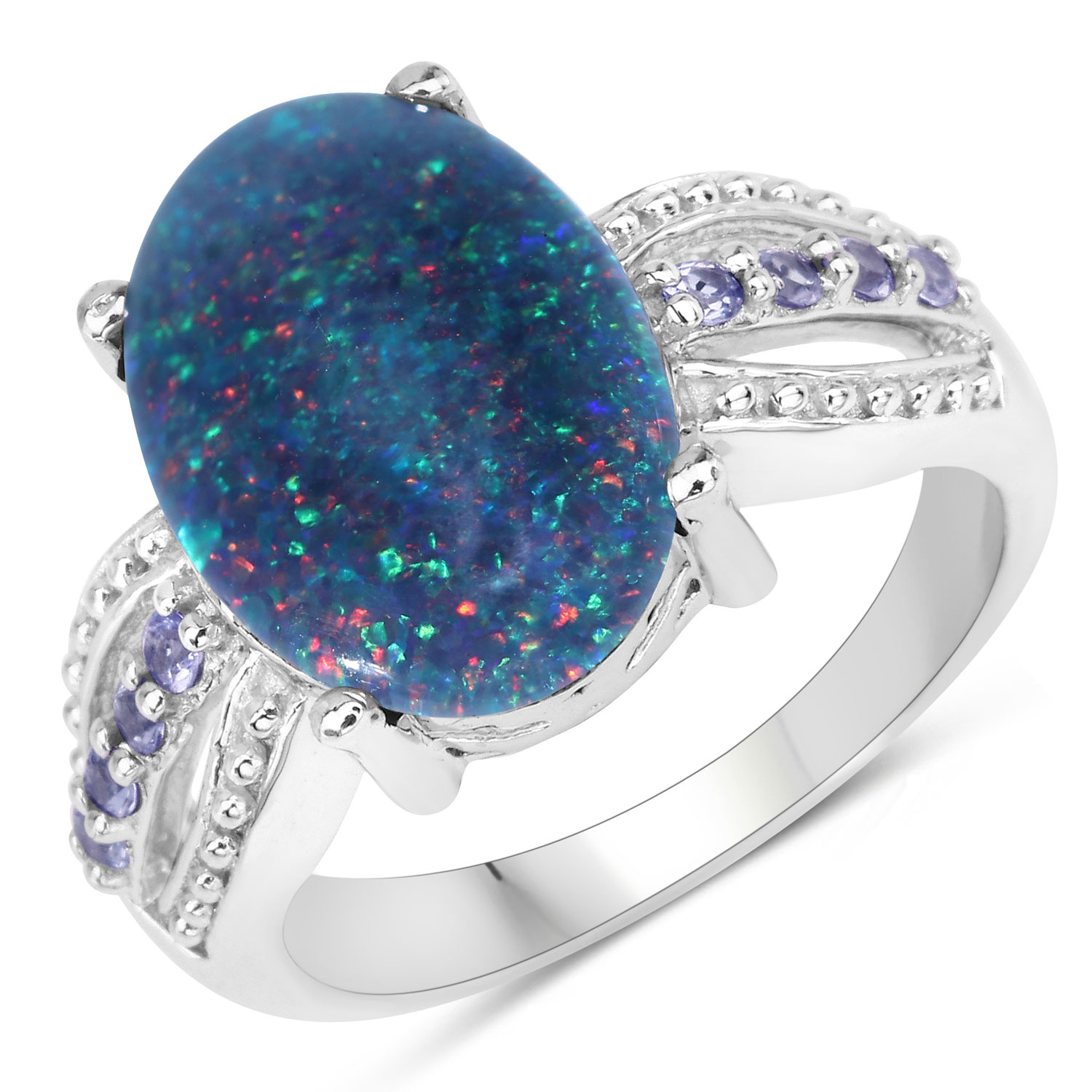 3.84 Carat Genuine Opal and Tanzanite .925 Sterling Silver Ring