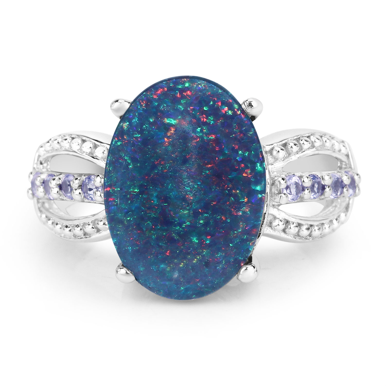 3.84 Carat Genuine Opal and Tanzanite .925 Sterling Silver Ring