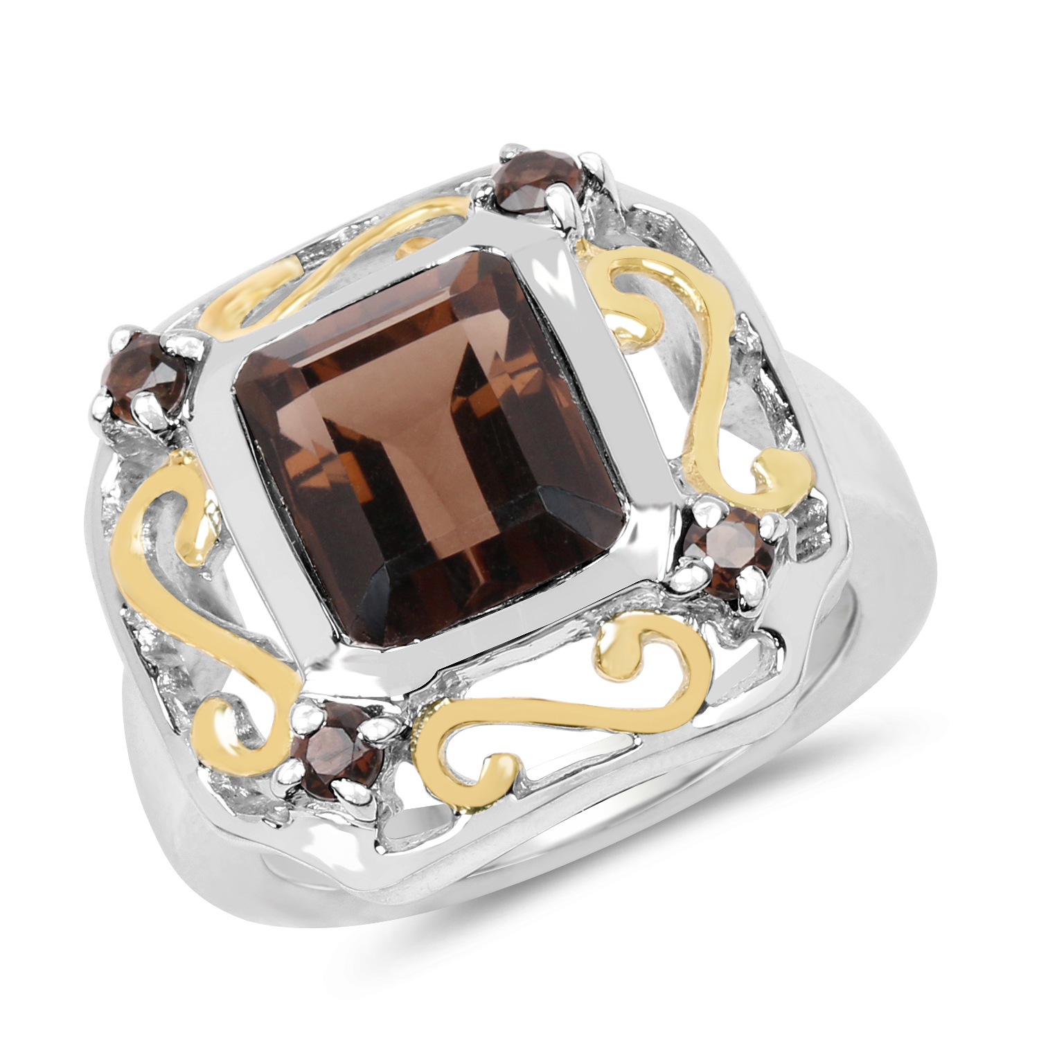 Two Tone Plated 3.33 Carat Genuine Smoky Quartz .925 Sterling Silver Ring