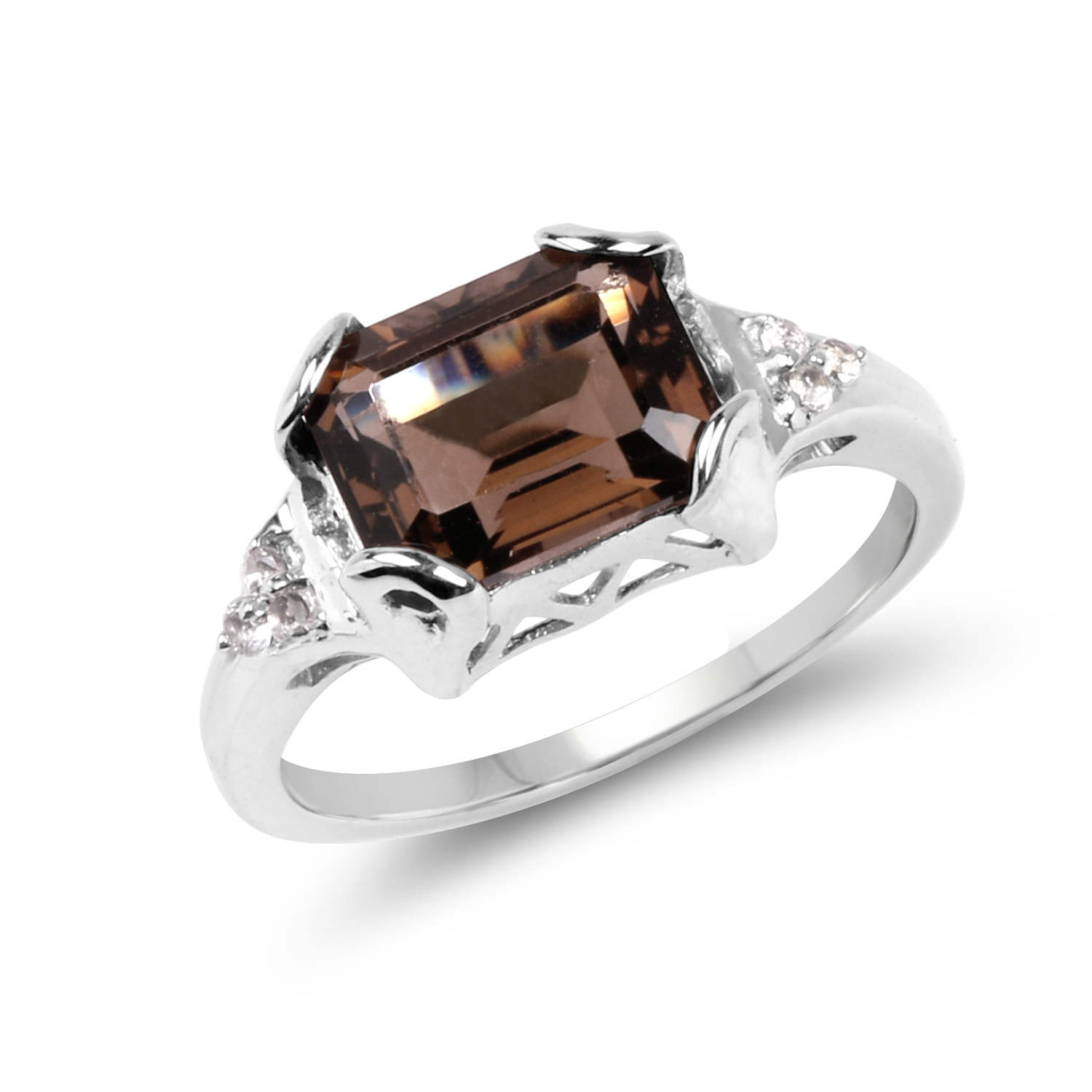 2.24 Carat Genuine Smoky Quartz and White Topaz .925 Sterling Silver Ring