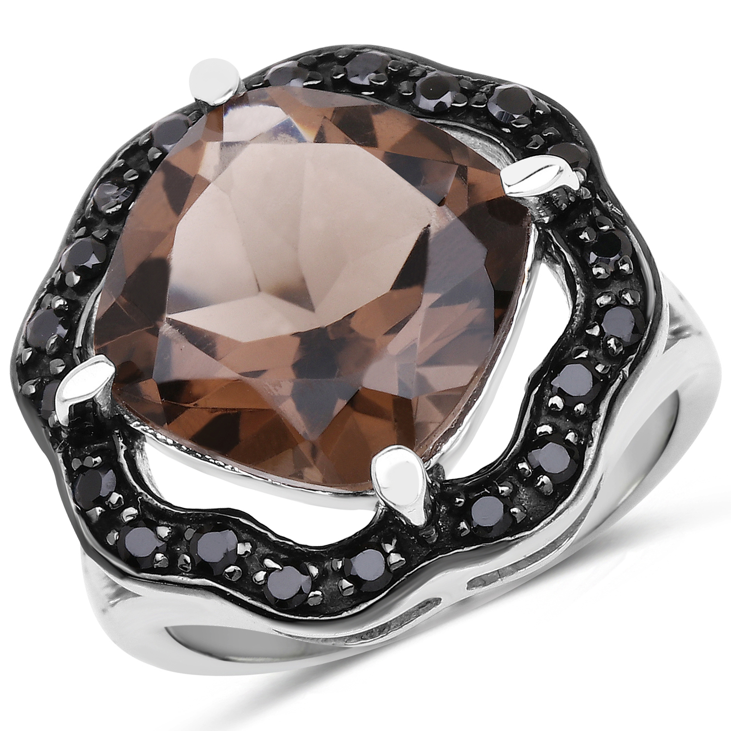 5.40 Carat Genuine Smoky Quartz and Black Spinel .925 Sterling Silver Ring