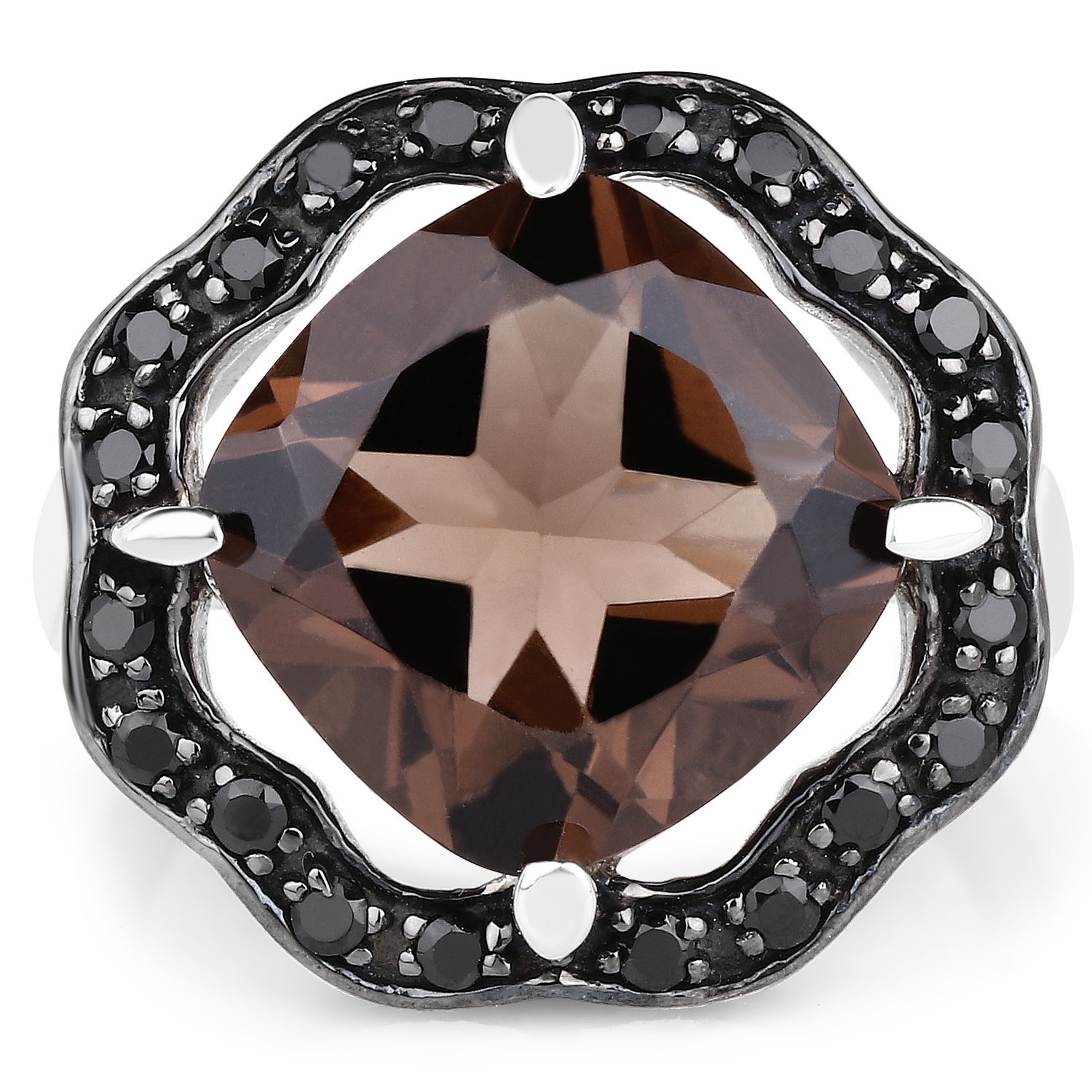 5.40 Carat Genuine Smoky Quartz and Black Spinel .925 Sterling Silver Ring