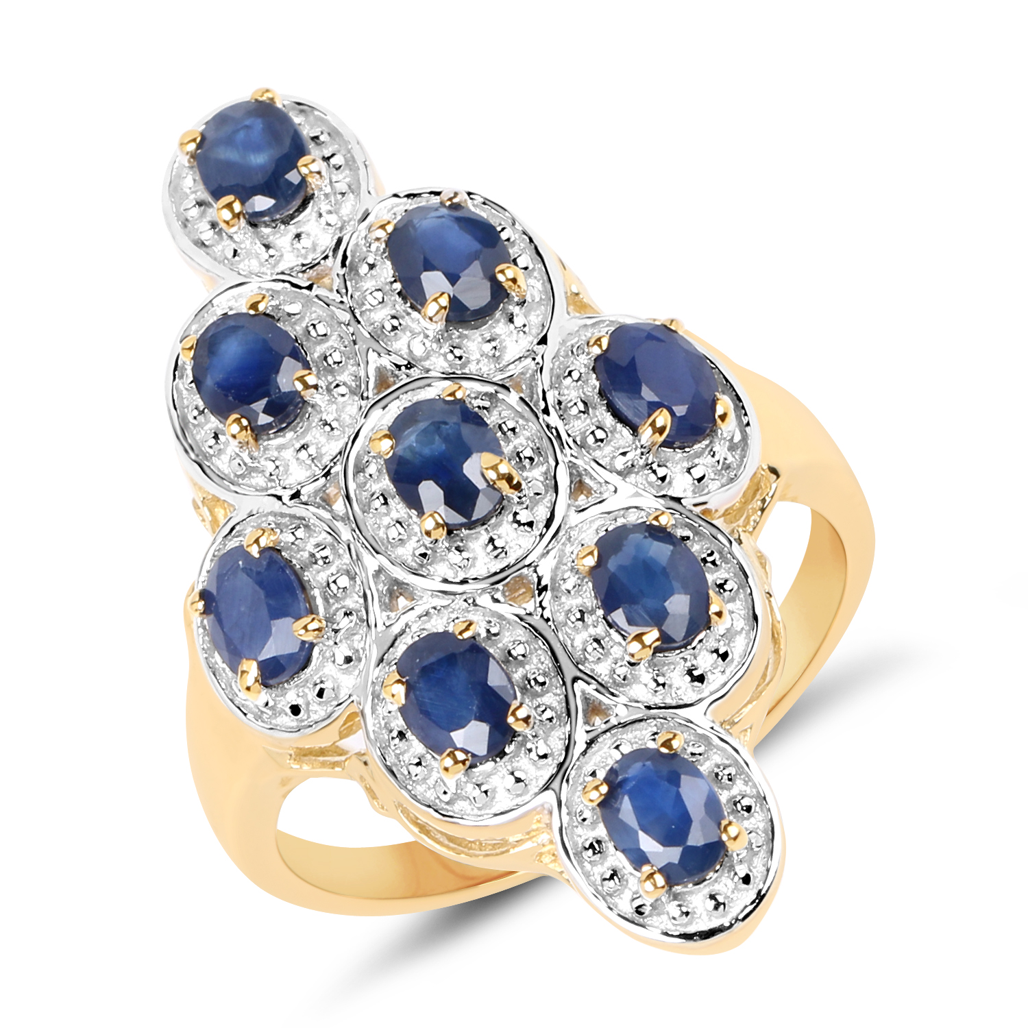 14K Yellow Gold Plated 1.98 Carat Genuine Blue Sapphire .925 Sterling Silver Ring