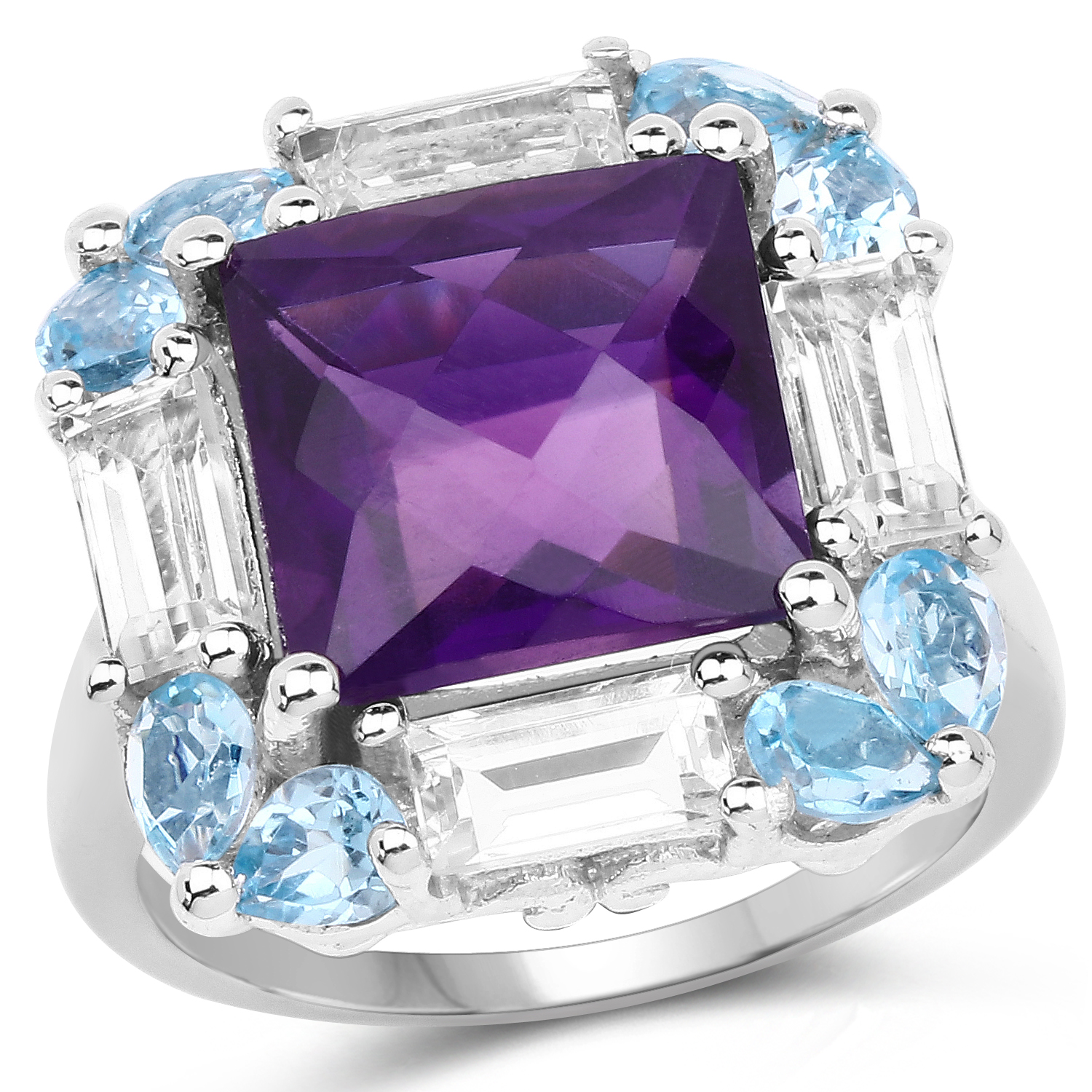 7.43 Carat Genuine Amethyst, Swiss Blue Topaz & White Topaz .925 Sterling Silver Ring