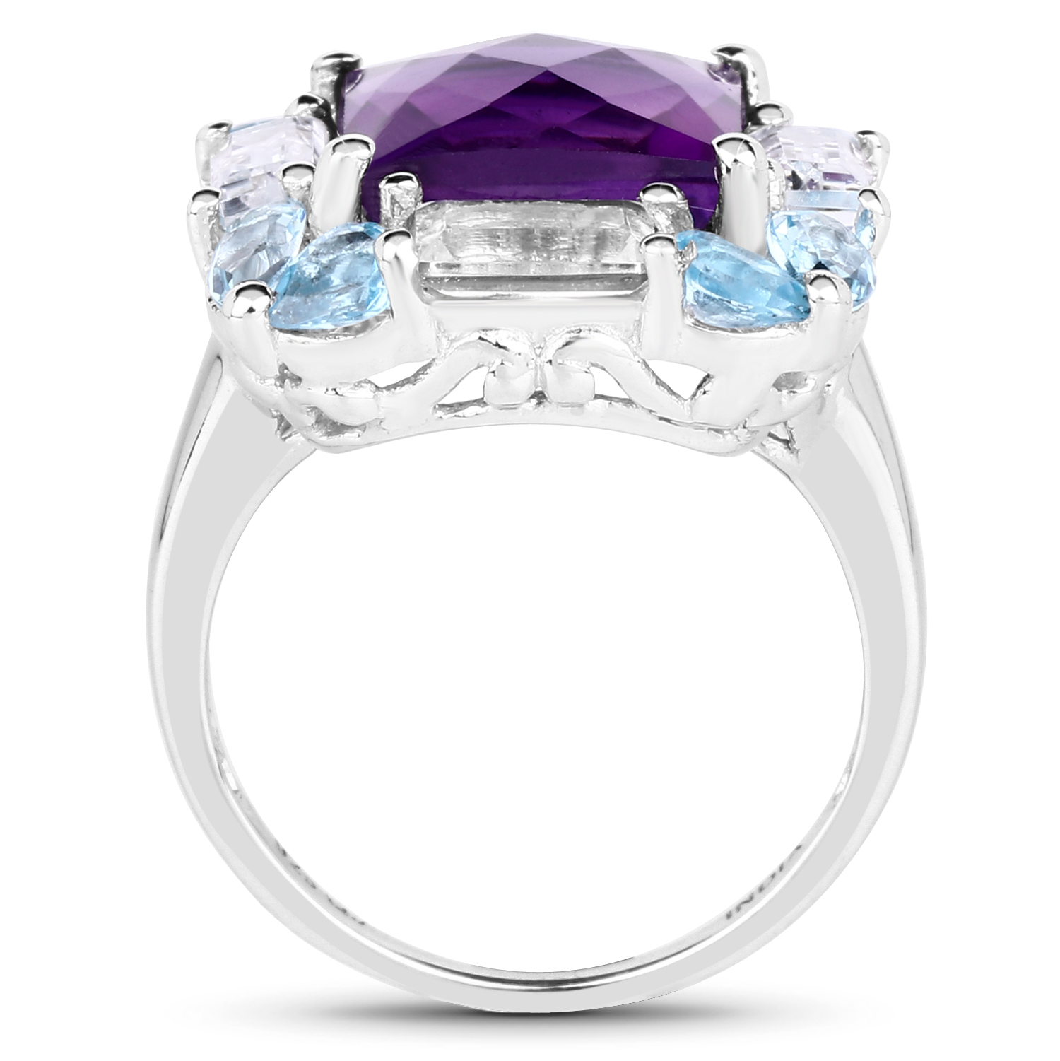 7.43 Carat Genuine Amethyst, Swiss Blue Topaz & White Topaz .925 Sterling Silver Ring