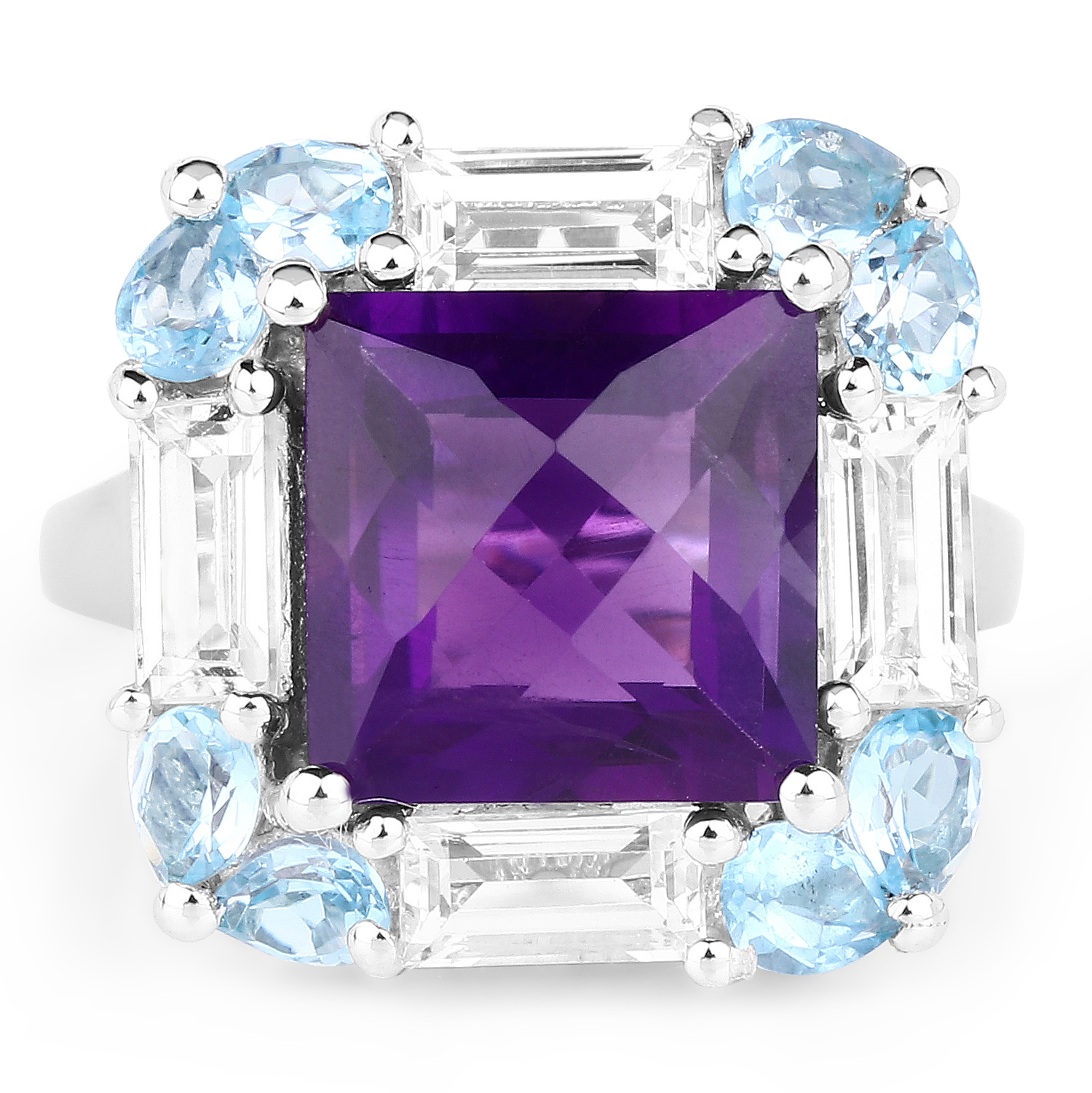 7.43 Carat Genuine Amethyst, Swiss Blue Topaz & White Topaz .925 Sterling Silver Ring