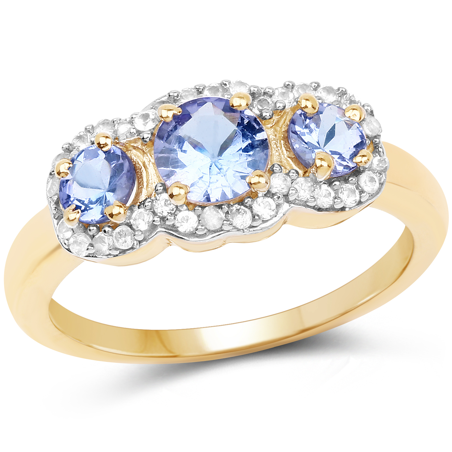 14K Yellow Gold Plated 1.01 Carat Genuine Tanzanite and White Topaz .925 Sterling Silver Ring