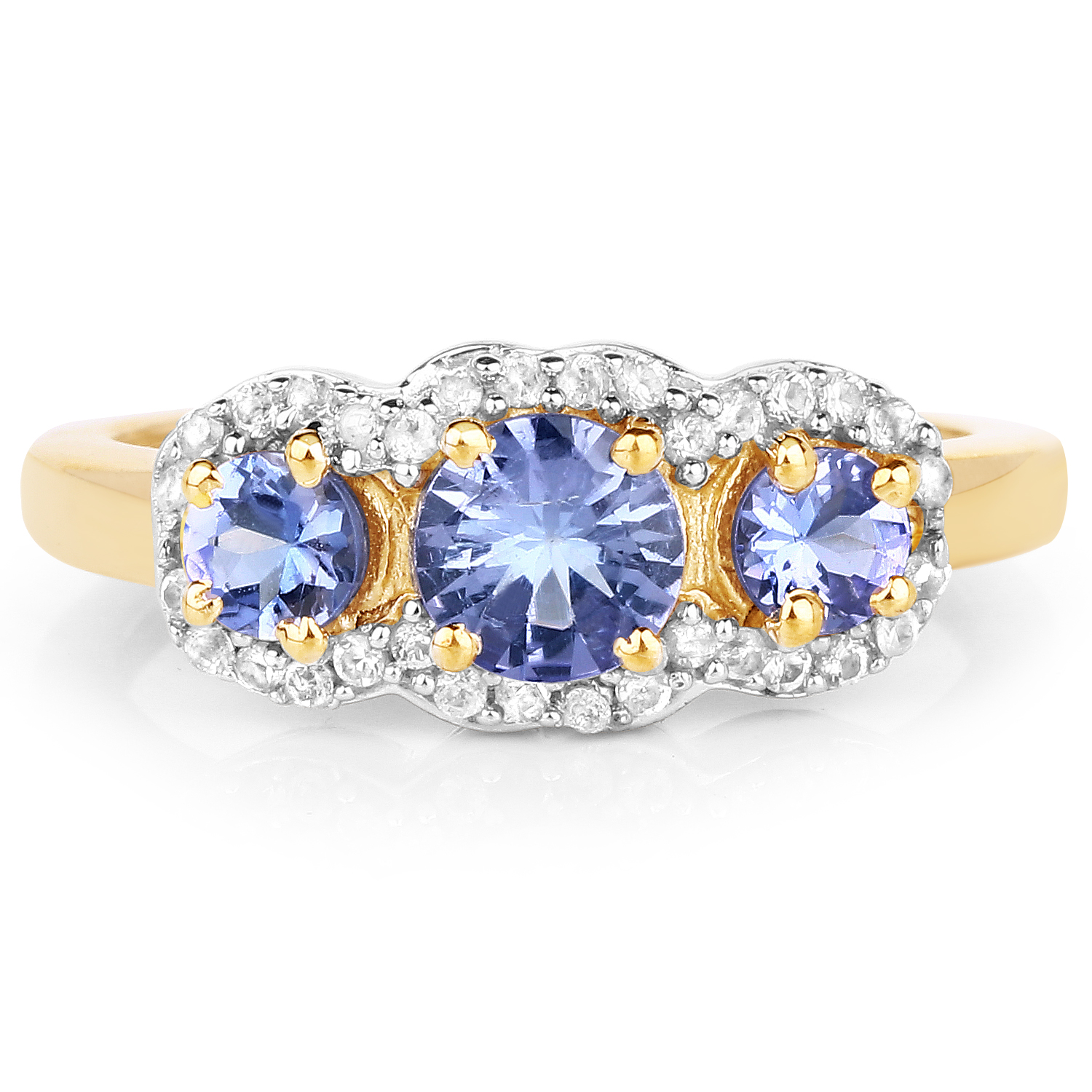 14K Yellow Gold Plated 1.01 Carat Genuine Tanzanite and White Topaz .925 Sterling Silver Ring