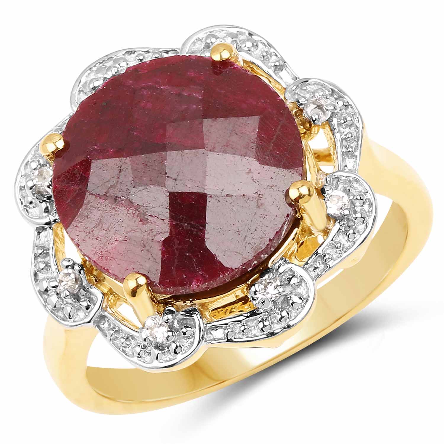 14K Yellow Gold Plated 10.18 Carat Dyed Ruby & White Topaz .925 Sterling Silver Ring