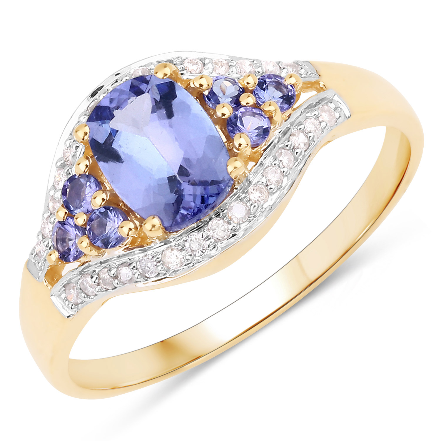 1.46 Carat Genuine Tanzanite and White Zircon 14K Yellow Gold Ring