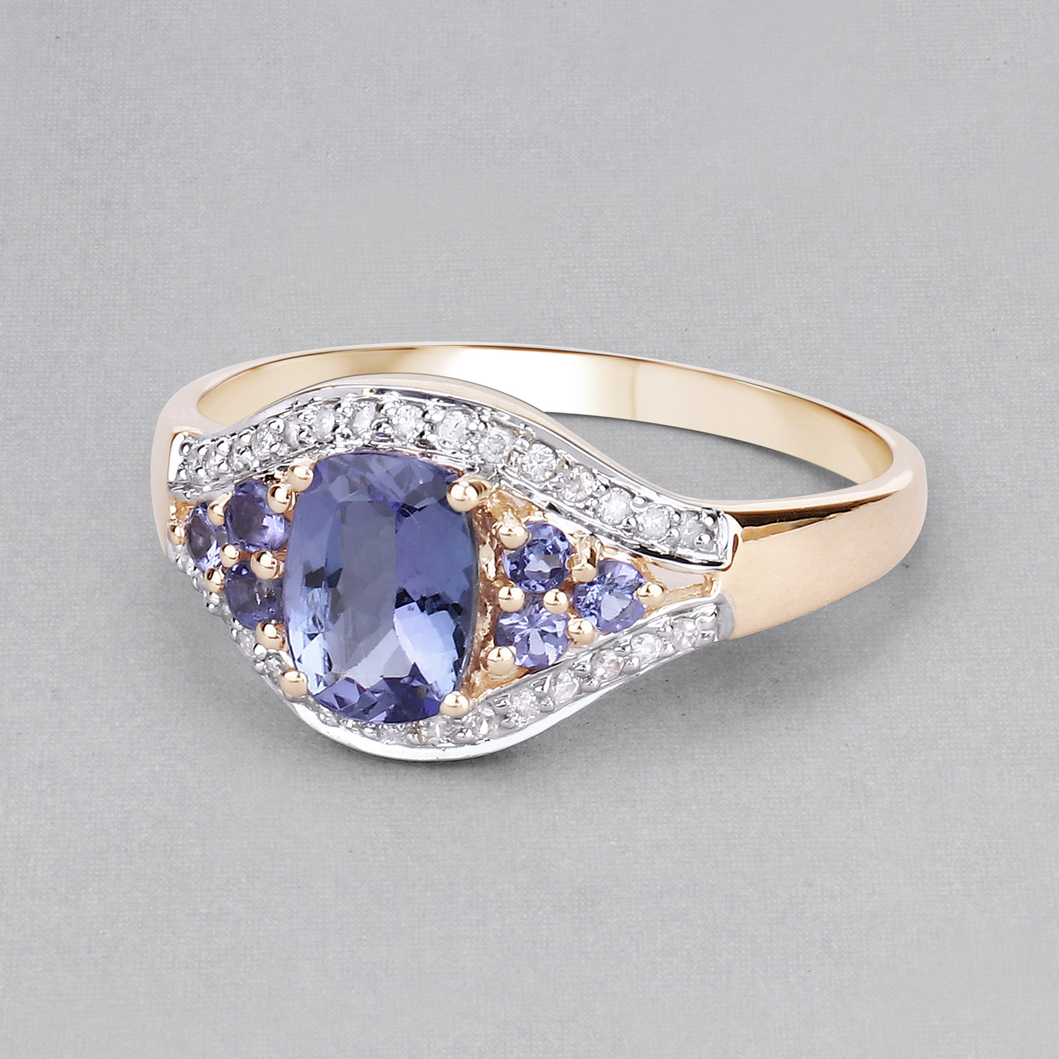 1.46 Carat Genuine Tanzanite and White Zircon 14K Yellow Gold Ring