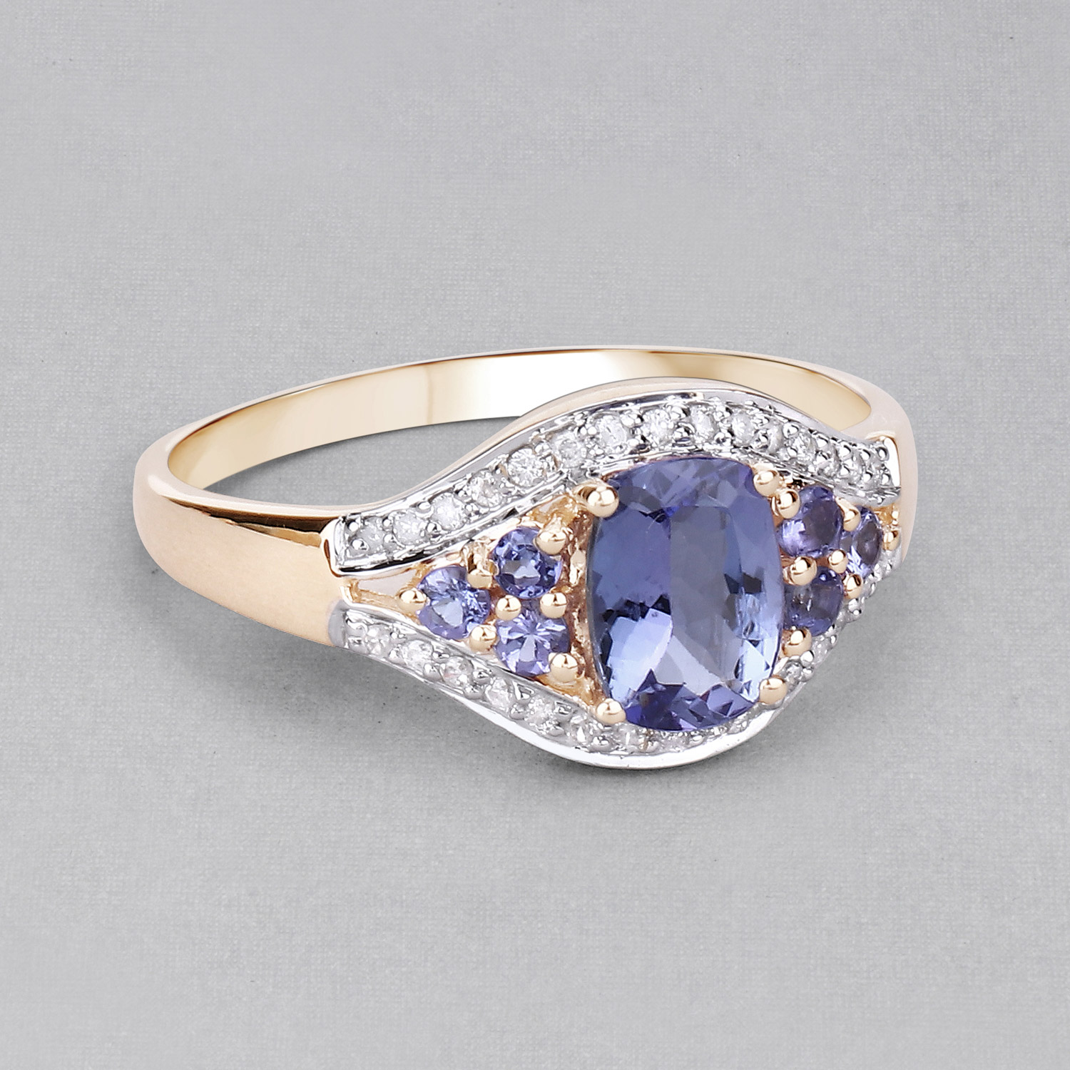 1.46 Carat Genuine Tanzanite and White Zircon 14K Yellow Gold Ring