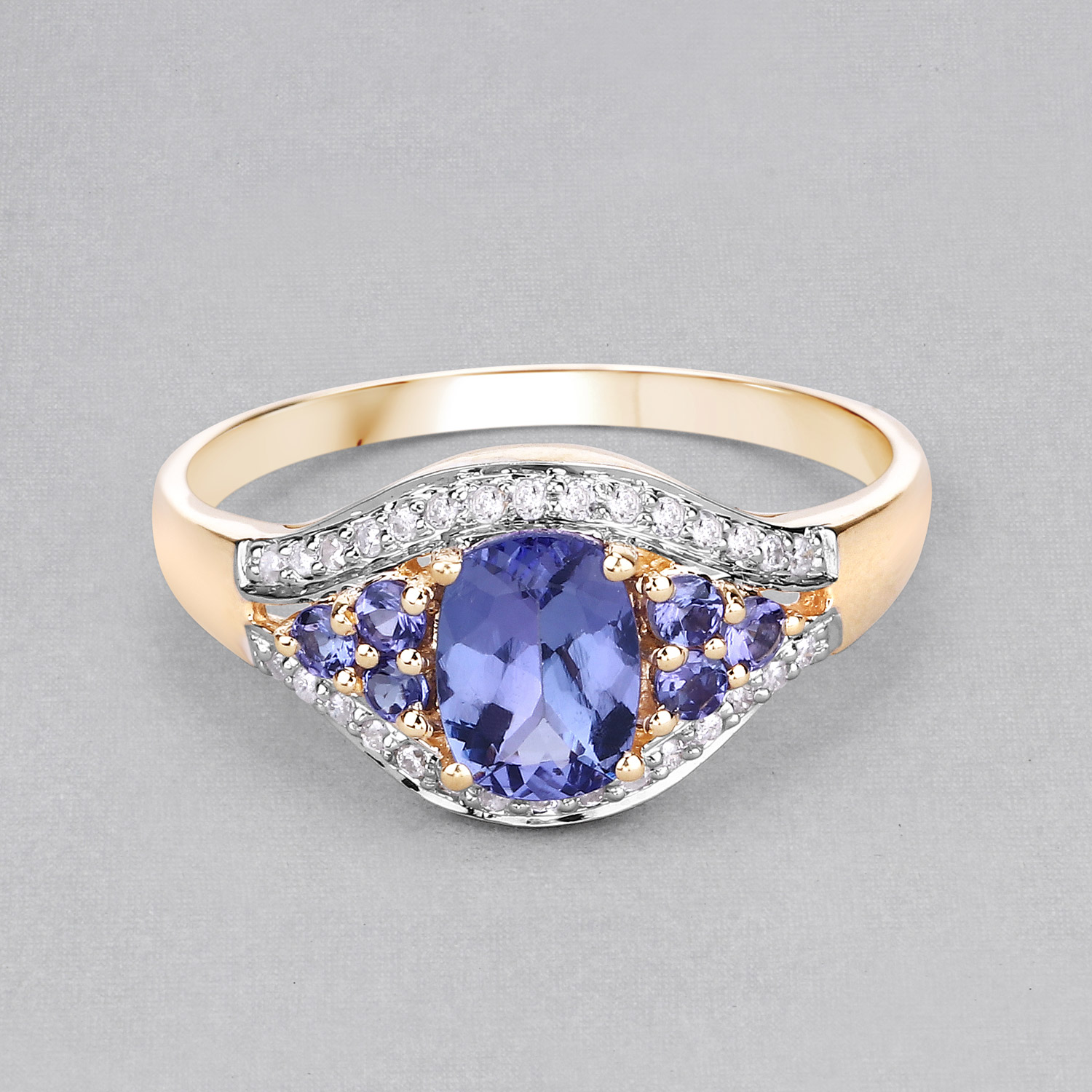 1.46 Carat Genuine Tanzanite and White Zircon 14K Yellow Gold Ring