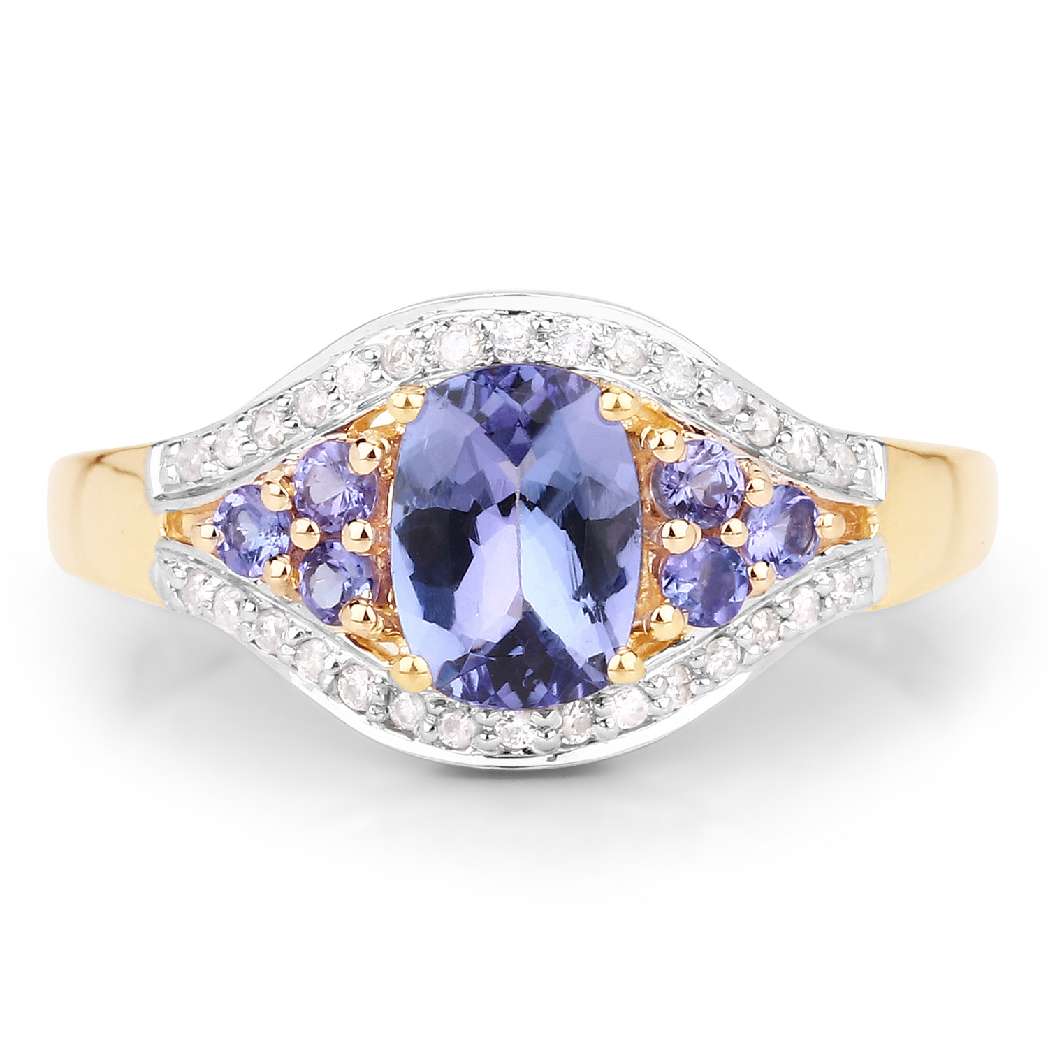 1.46 Carat Genuine Tanzanite and White Zircon 14K Yellow Gold Ring