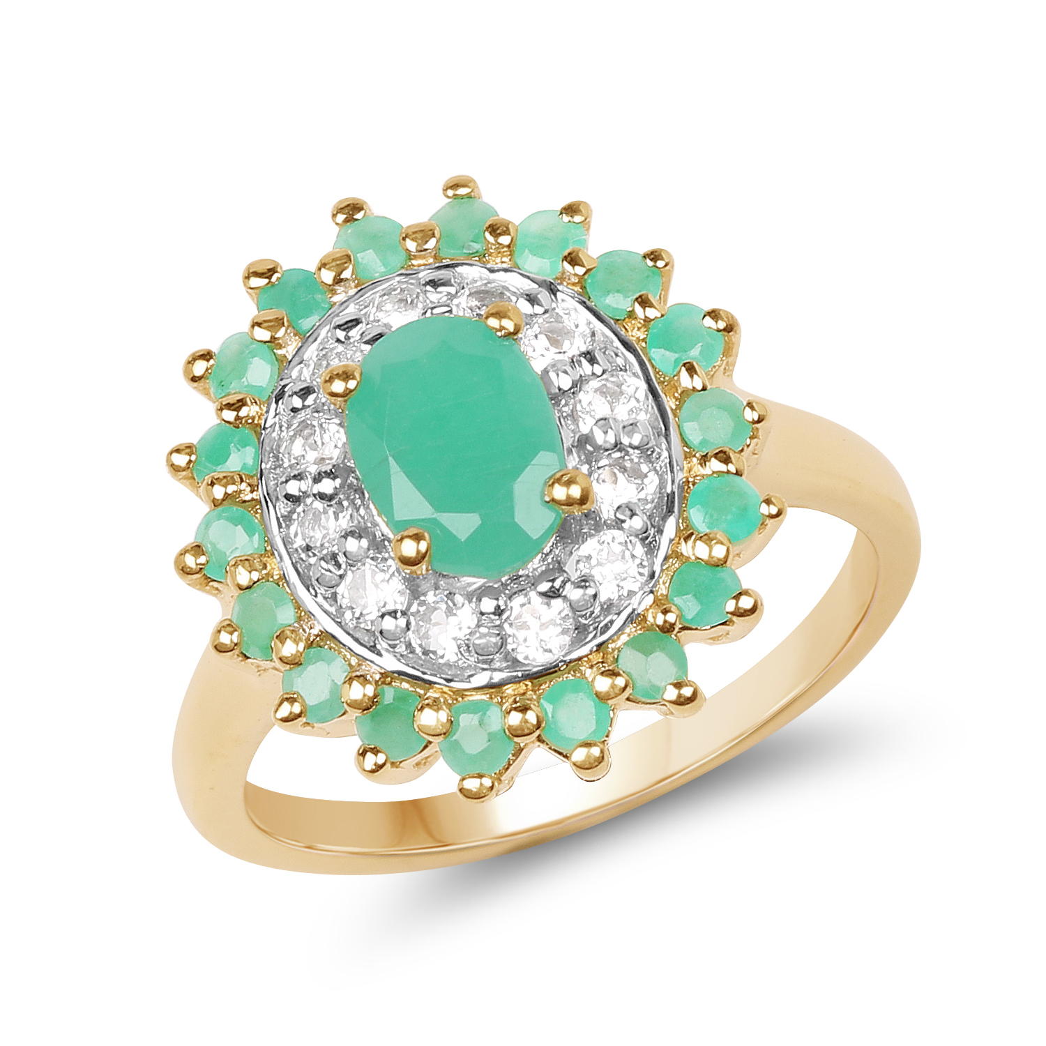 14K Yellow Gold Plated 1.57 Carat Genuine Emerald and White Topaz .925 Sterling Silver Ring