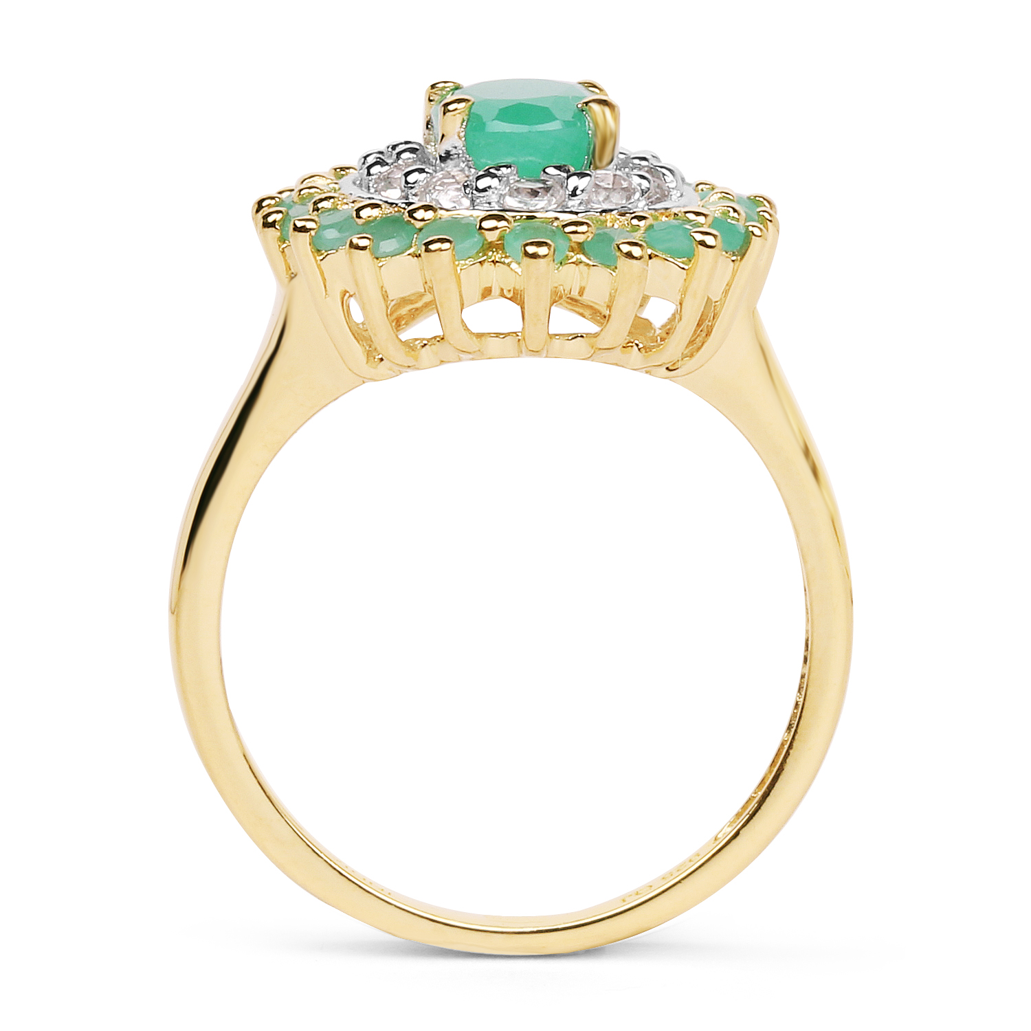 14K Yellow Gold Plated 1.57 Carat Genuine Emerald and White Topaz .925 Sterling Silver Ring