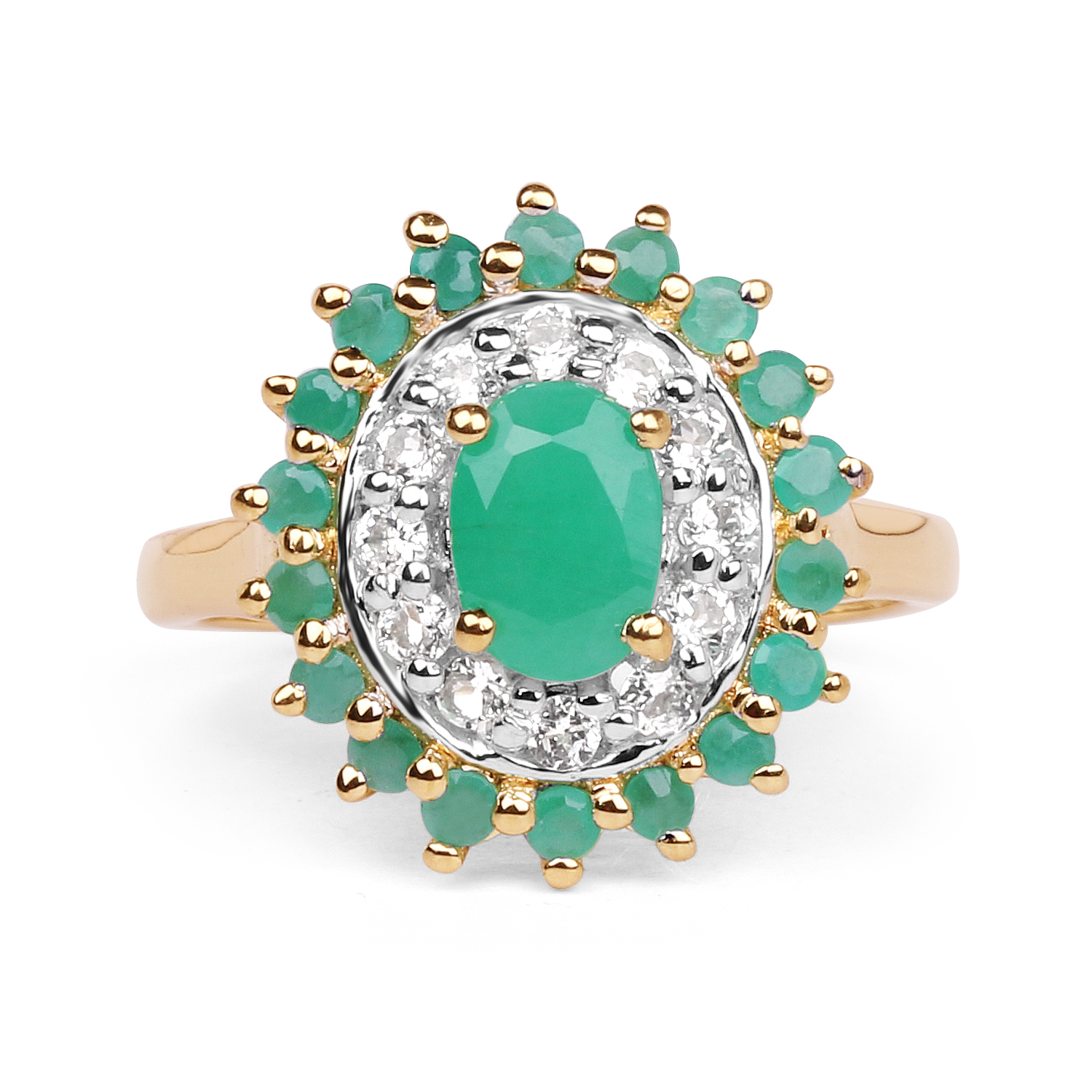 14K Yellow Gold Plated 1.57 Carat Genuine Emerald and White Topaz .925 Sterling Silver Ring