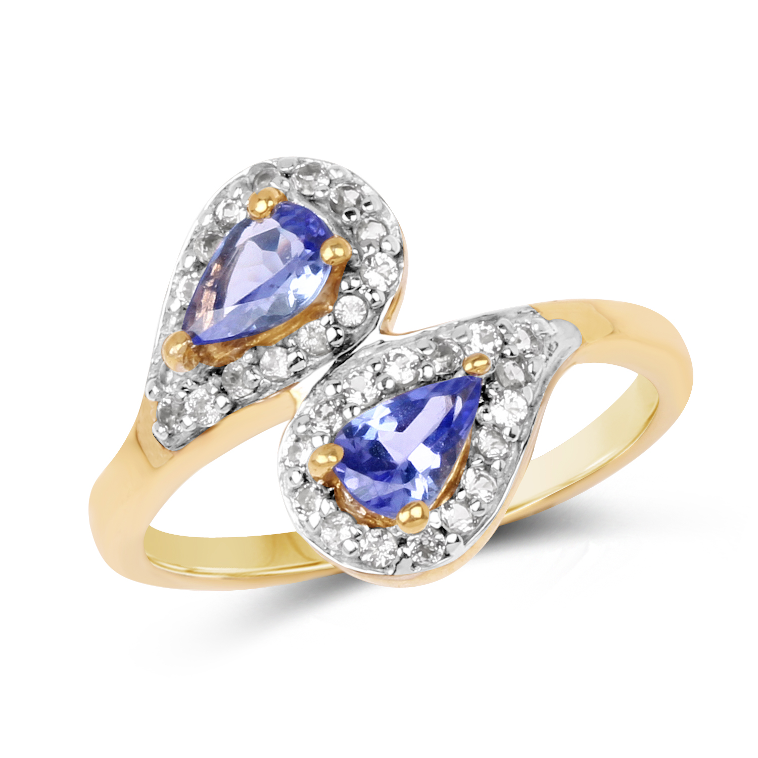 14K Yellow Gold Plated 1.06 Carat Genuine Tanzanite & White Topaz .925 Sterling Silver Ring