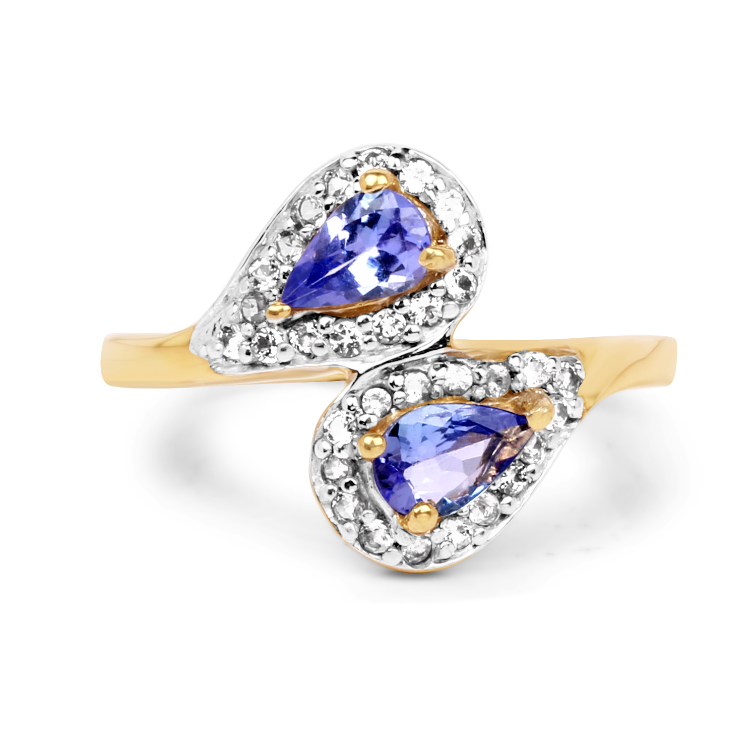 14K Yellow Gold Plated 1.06 Carat Genuine Tanzanite & White Topaz .925 Sterling Silver Ring