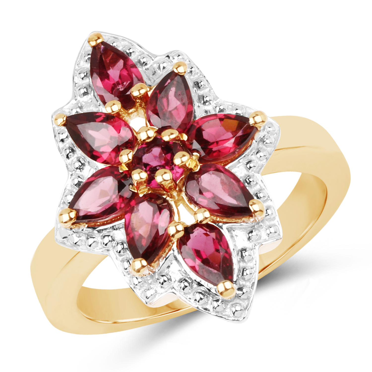 14K Yellow Gold Plated 2.36 Carat Genuine Rhodolite .925 Sterling Silver Ring