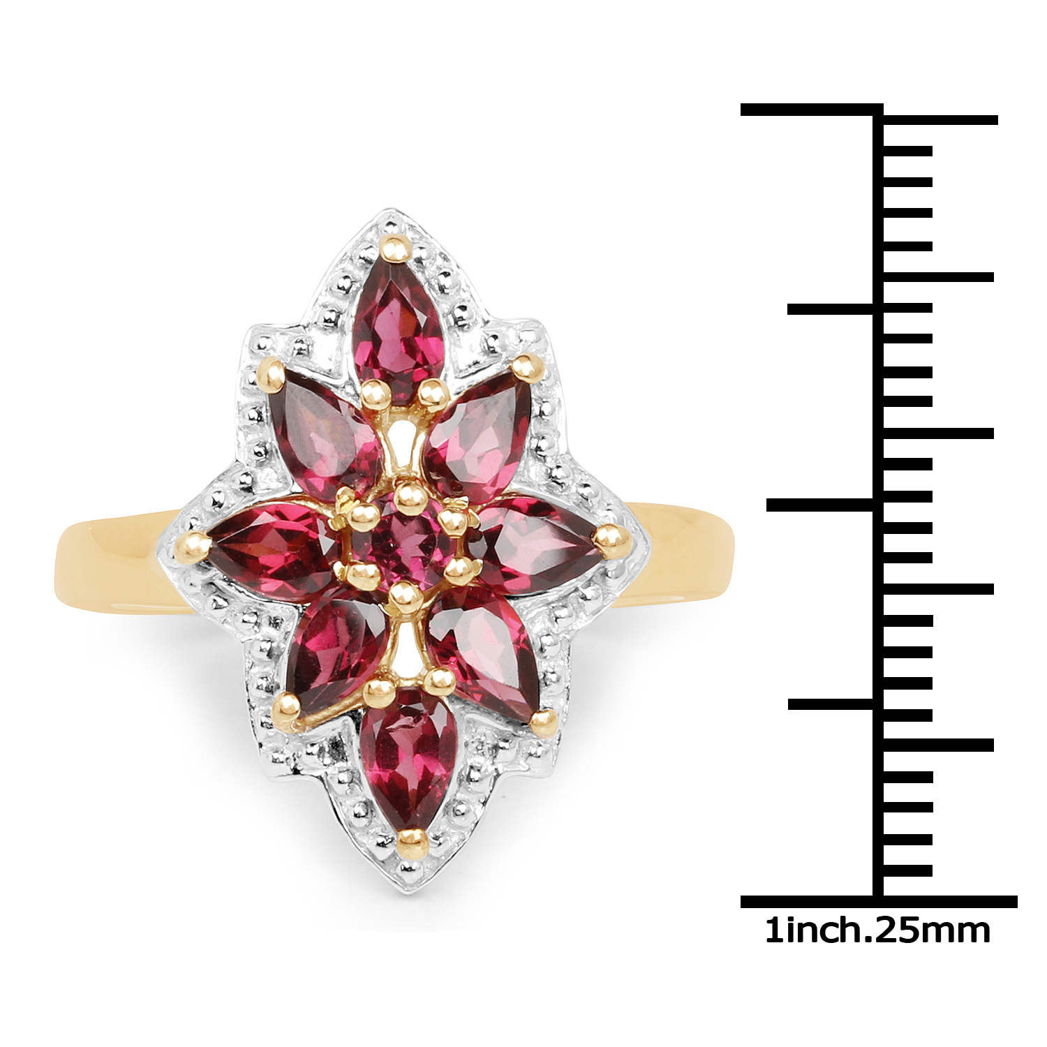 14K Yellow Gold Plated 2.36 Carat Genuine Rhodolite .925 Sterling Silver Ring