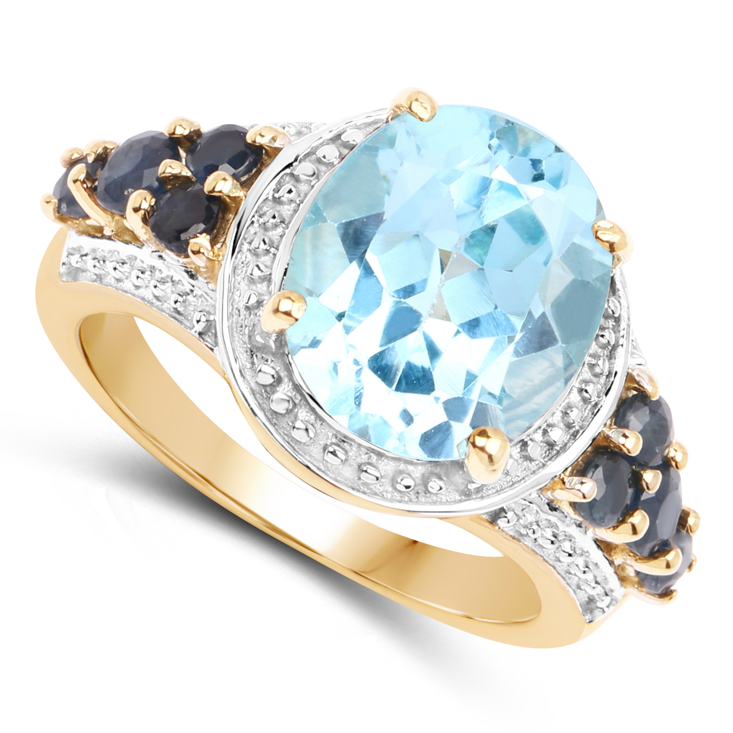 14K Yellow Gold Plated 5.80 Carat Genuine Blue Topaz & Blue Sapphire .925 Sterling Silver Ring