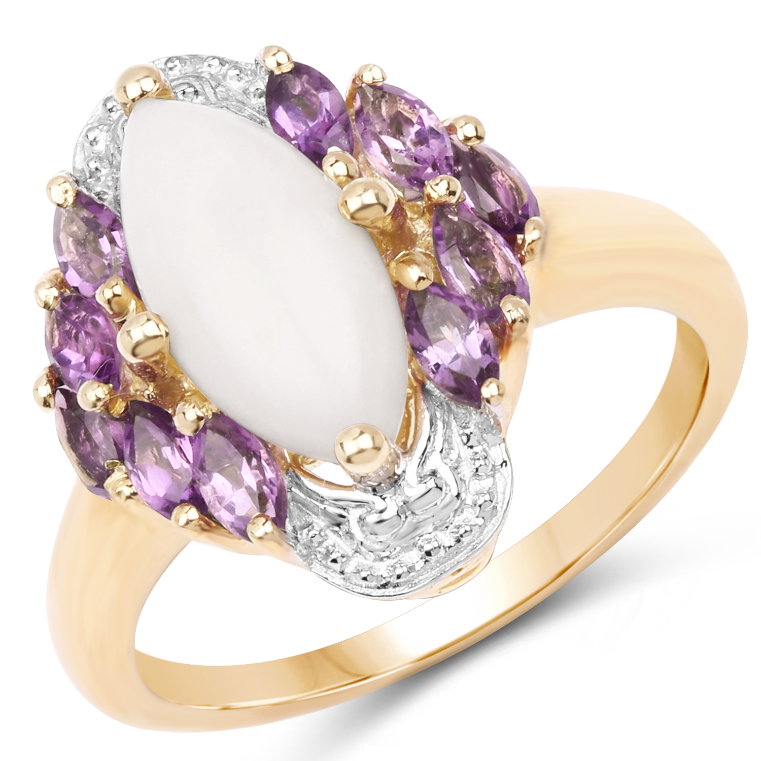 14K Yellow Gold Plated 2.00 Carat Genuine Opal and Amethyst .925 Sterling Silver Ring