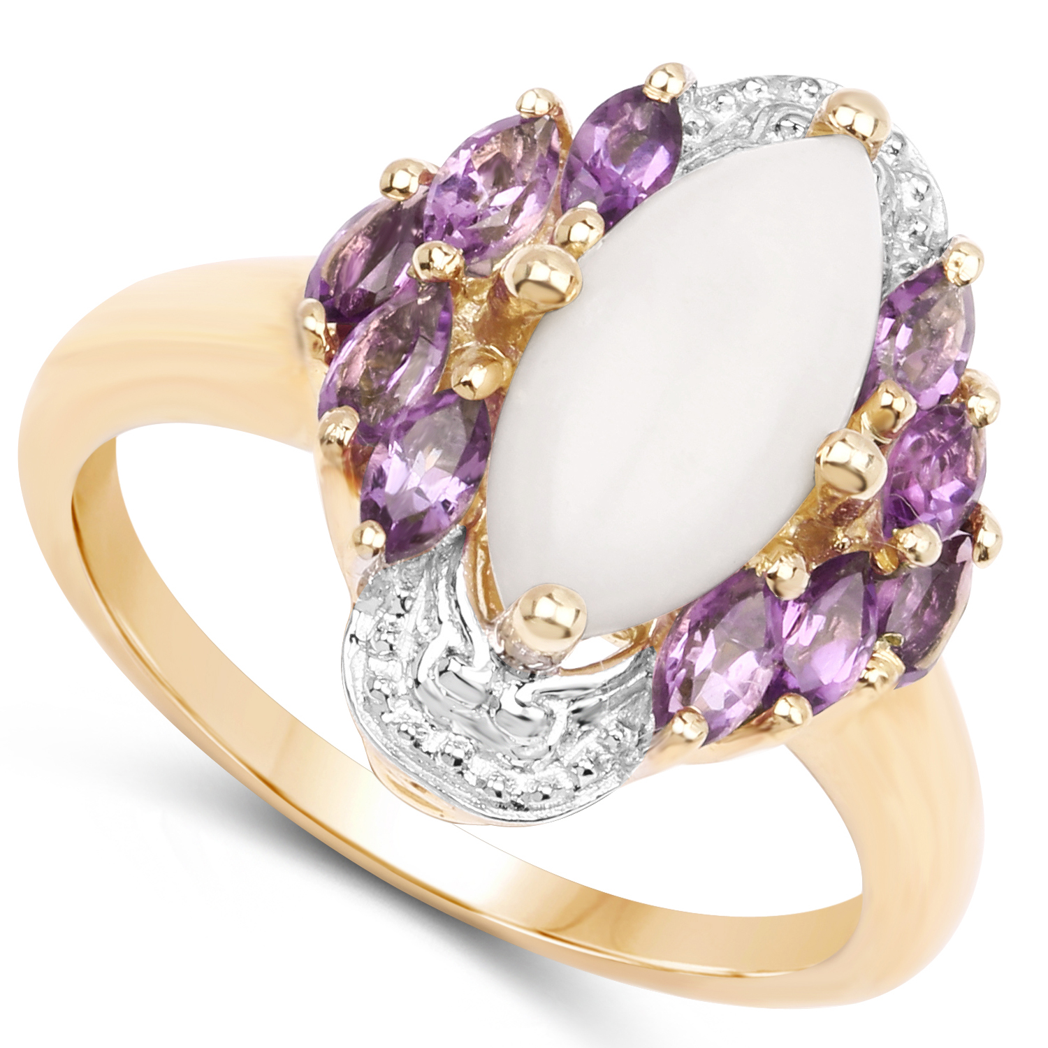 14K Yellow Gold Plated 2.00 Carat Genuine Opal and Amethyst .925 Sterling Silver Ring