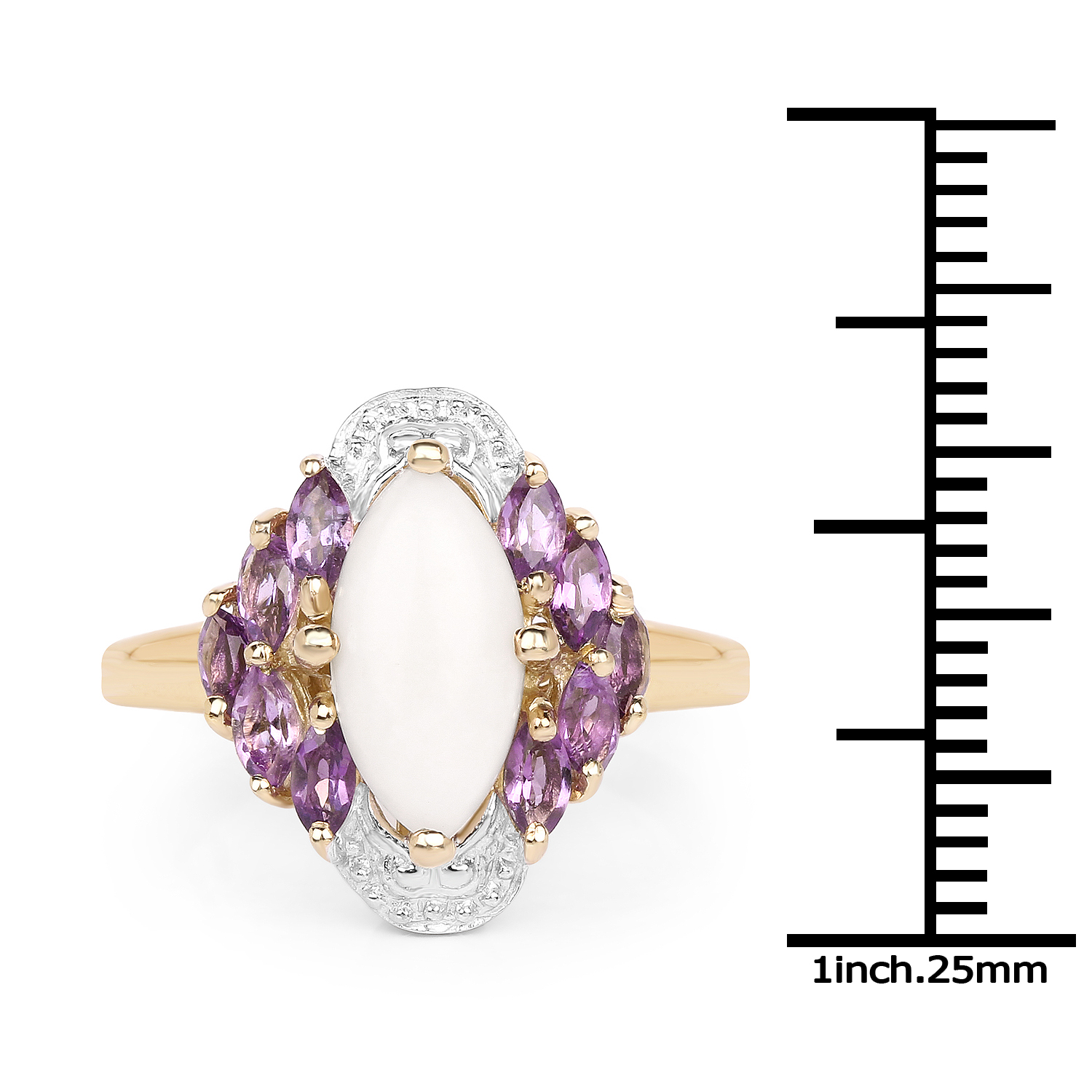 14K Yellow Gold Plated 2.00 Carat Genuine Opal and Amethyst .925 Sterling Silver Ring