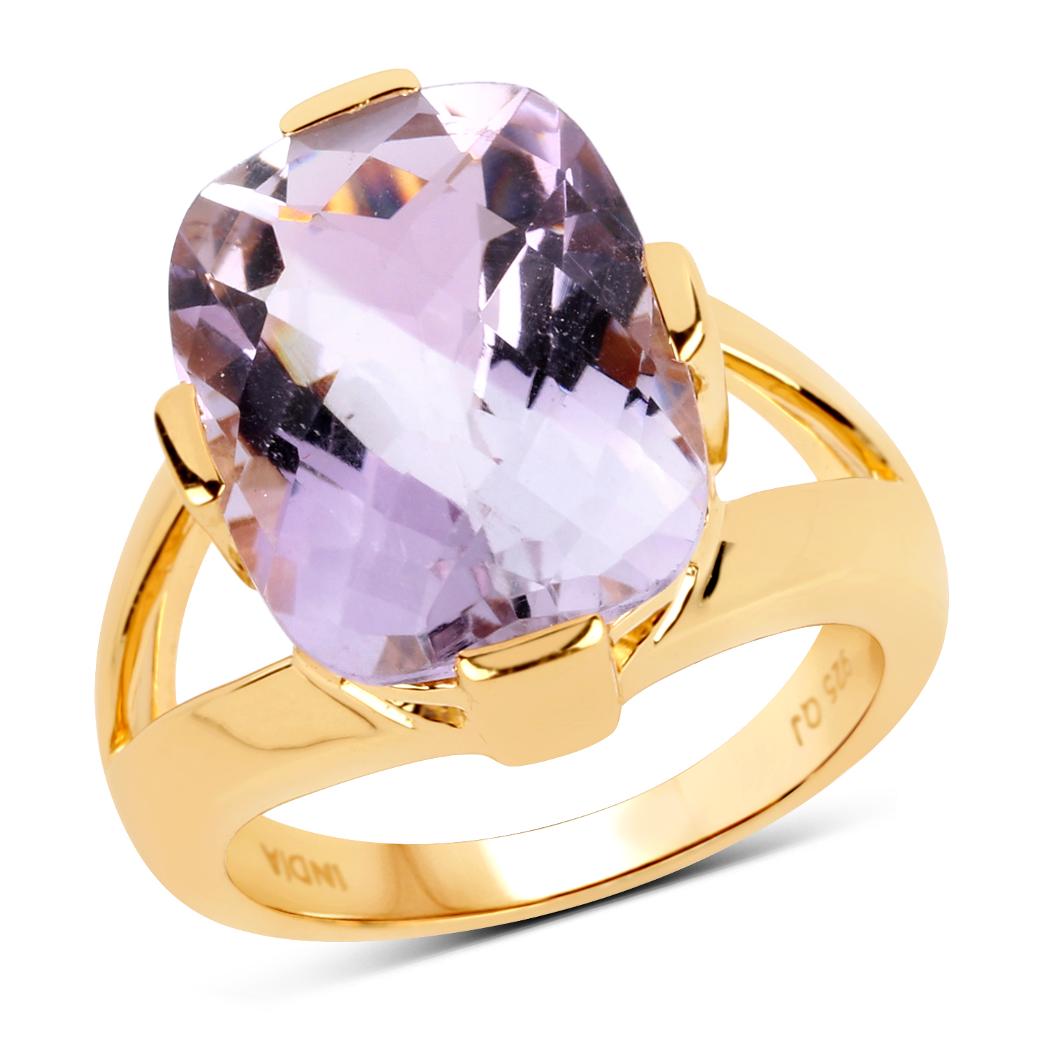 14K Yellow Gold Plated 8.75 Carat Genuine Pink Amethyst .925 Sterling Silver Ring