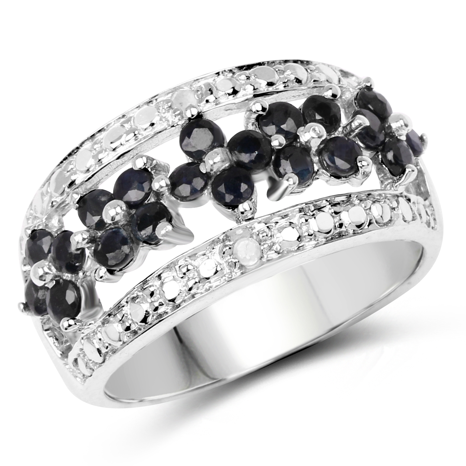 0.92 Carat Genuine Black Sapphire and White Diamond .925 Sterling Silver Ring