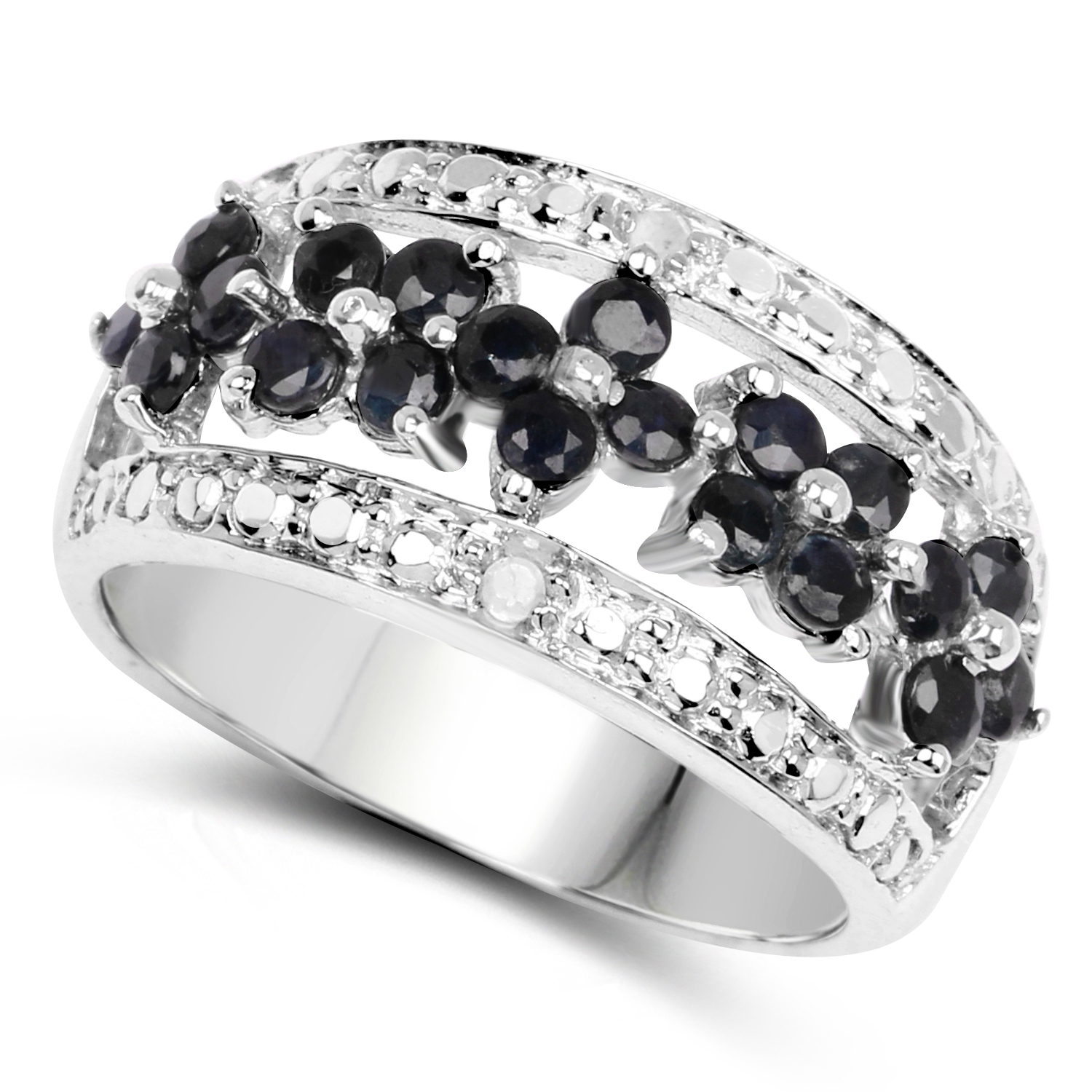 0.92 Carat Genuine Black Sapphire and White Diamond .925 Sterling Silver Ring