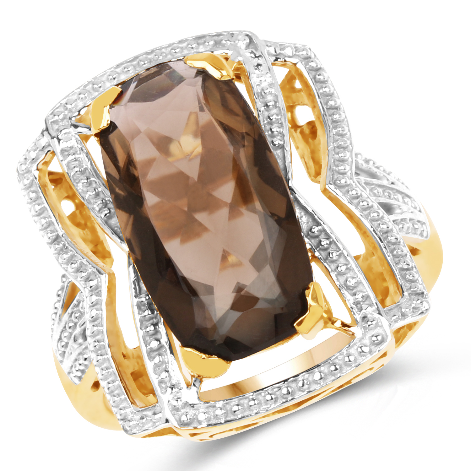 14K Yellow Gold Plated 6.59 Carat Genuine Smoky Quartz .925 Sterling Silver Ring