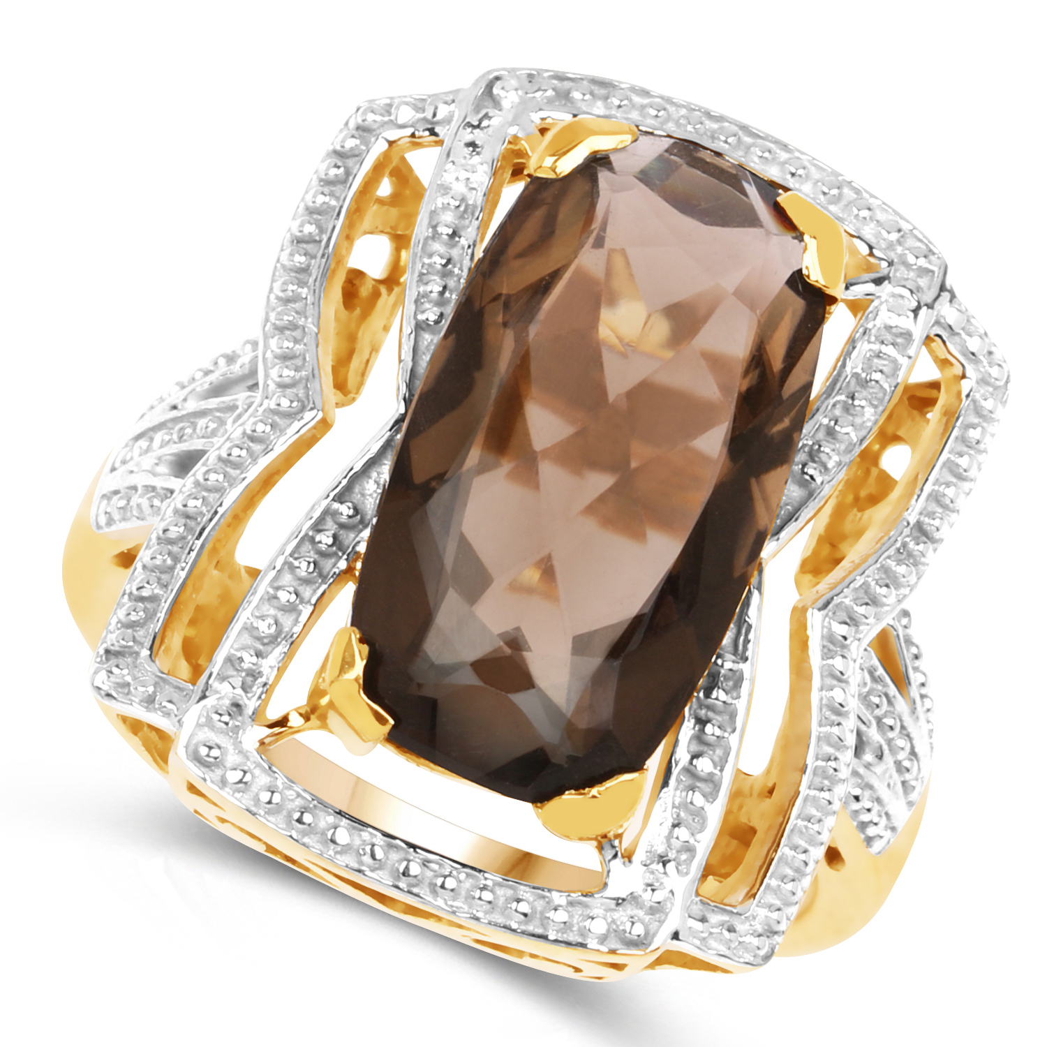 14K Yellow Gold Plated 6.59 Carat Genuine Smoky Quartz .925 Sterling Silver Ring