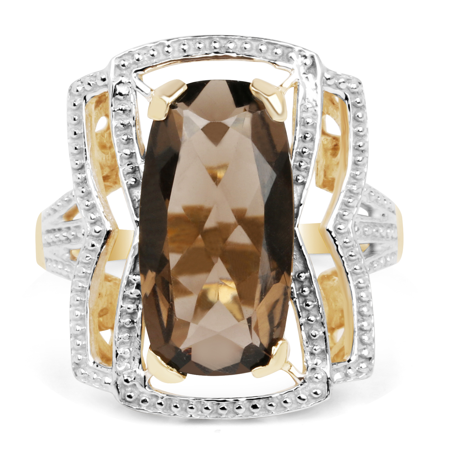 14K Yellow Gold Plated 6.59 Carat Genuine Smoky Quartz .925 Sterling Silver Ring