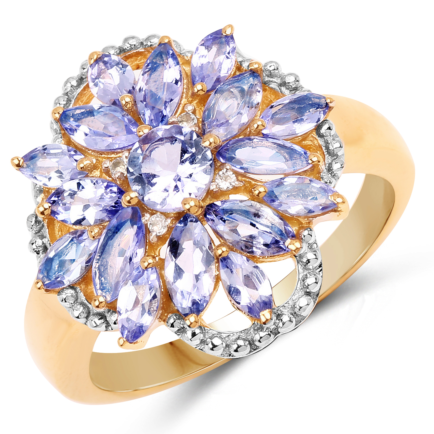 14K Yellow Gold Plated 2.01 Carat Genuine Tanzanite & White Topaz .925 Sterling Silver Ring