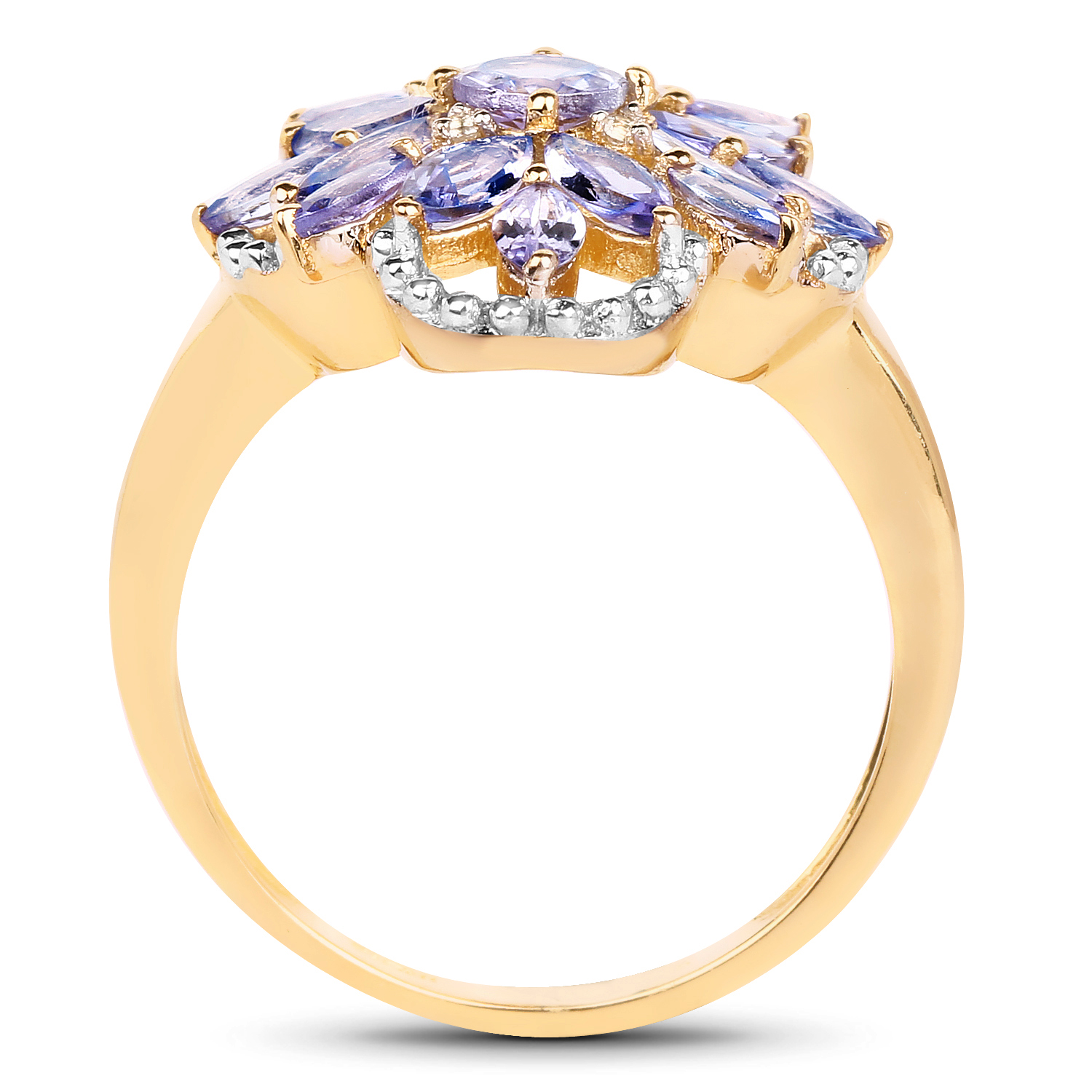 14K Yellow Gold Plated 2.01 Carat Genuine Tanzanite & White Topaz .925 Sterling Silver Ring