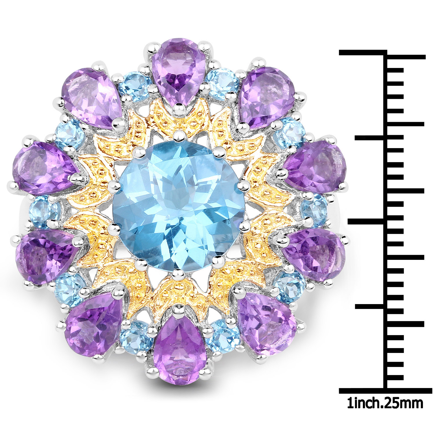 8.86 Carat Genuine London Blue Topaz and Amethyst .925 Sterling Silver Ring