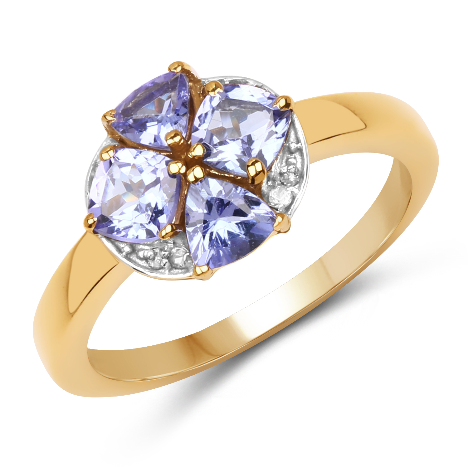 14K Yellow Gold Plated 1.10 Carat Genuine Tanzanite & White Topaz .925 Sterling Silver Ring
