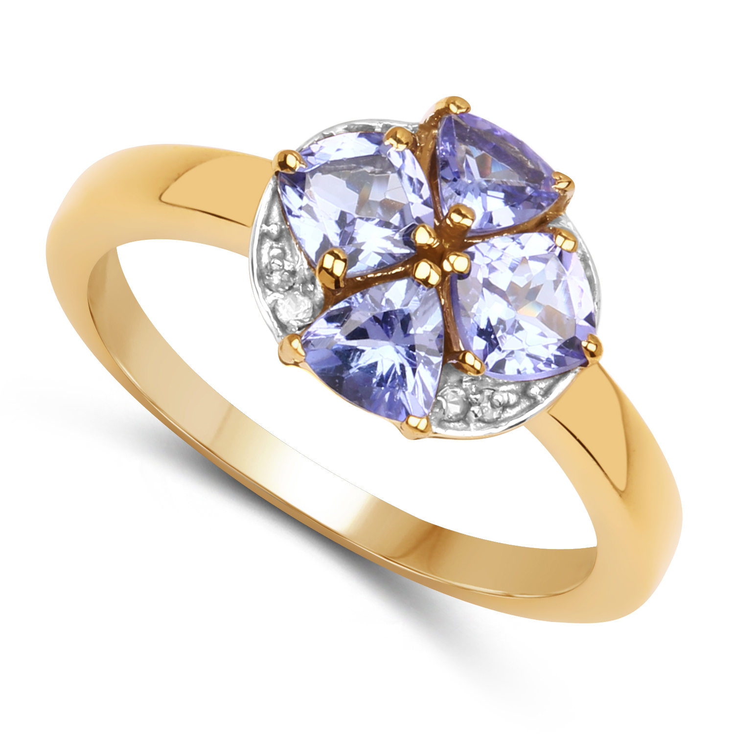 14K Yellow Gold Plated 1.10 Carat Genuine Tanzanite & White Topaz .925 Sterling Silver Ring