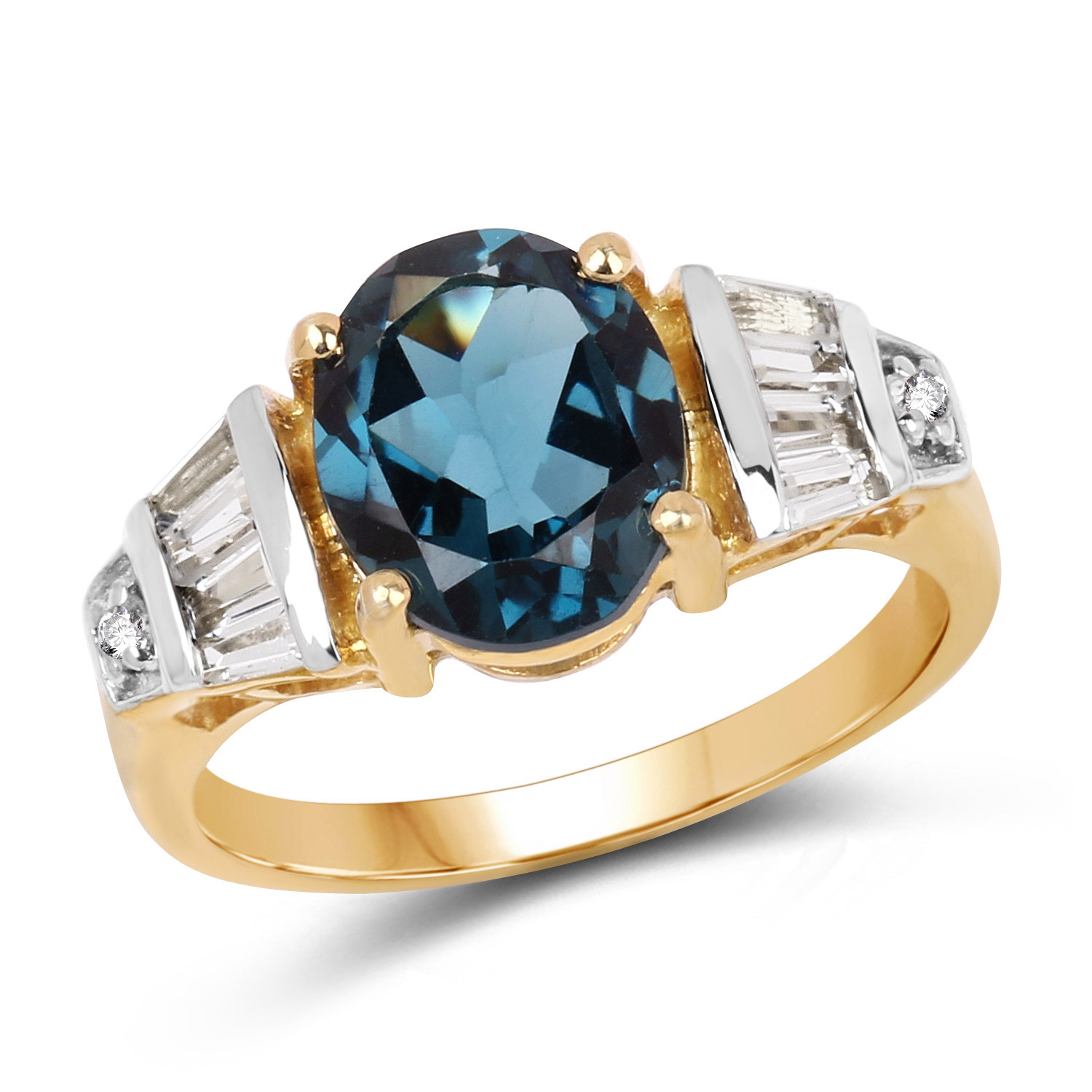 14K Yellow Gold Plated 4.14 Carat Genuine London Blue Topaz & White Topaz .925 Sterling Silver Ring